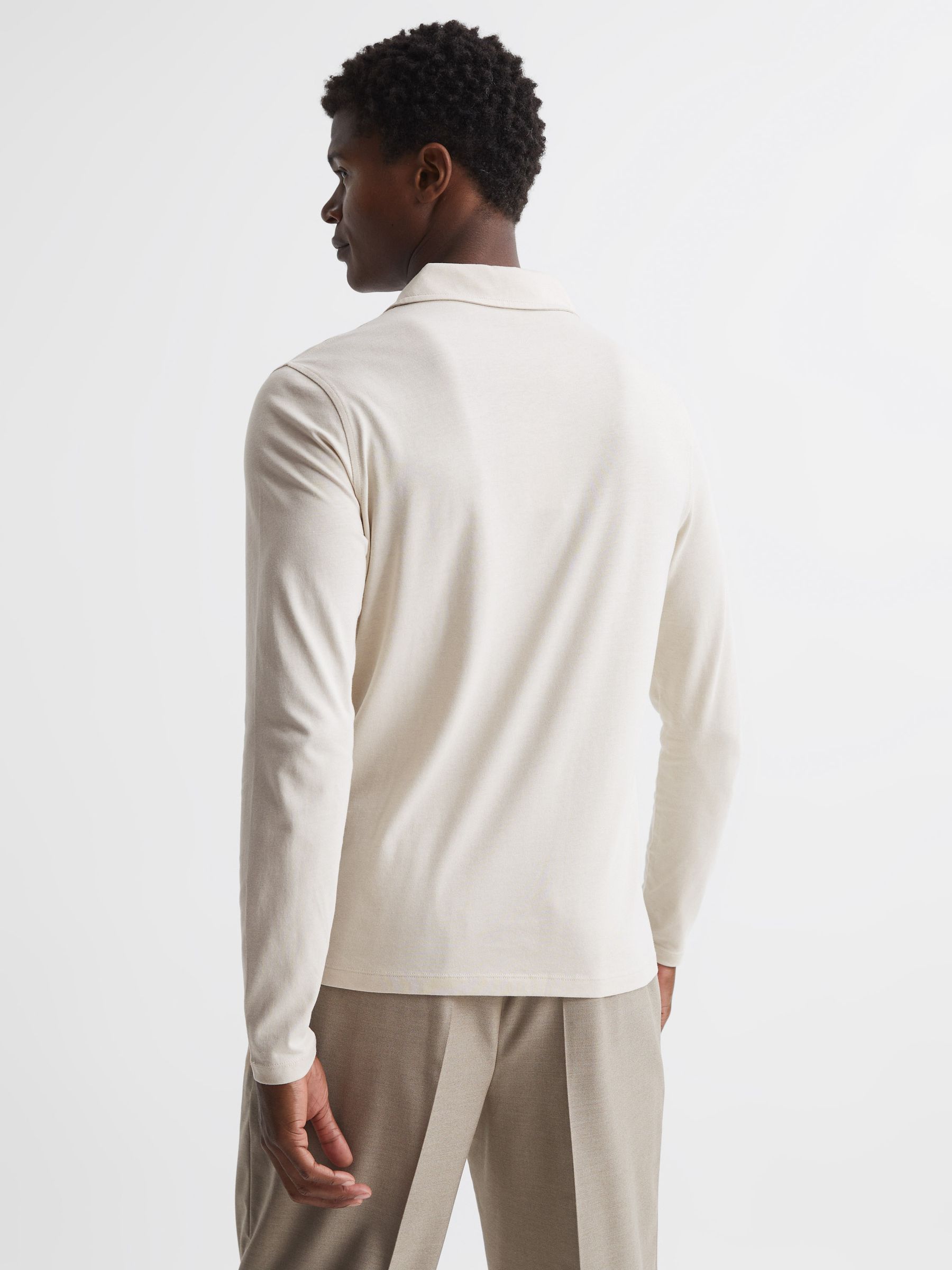 Reiss Textured Half Zip Long Sleeve Polo Shirt in Birch