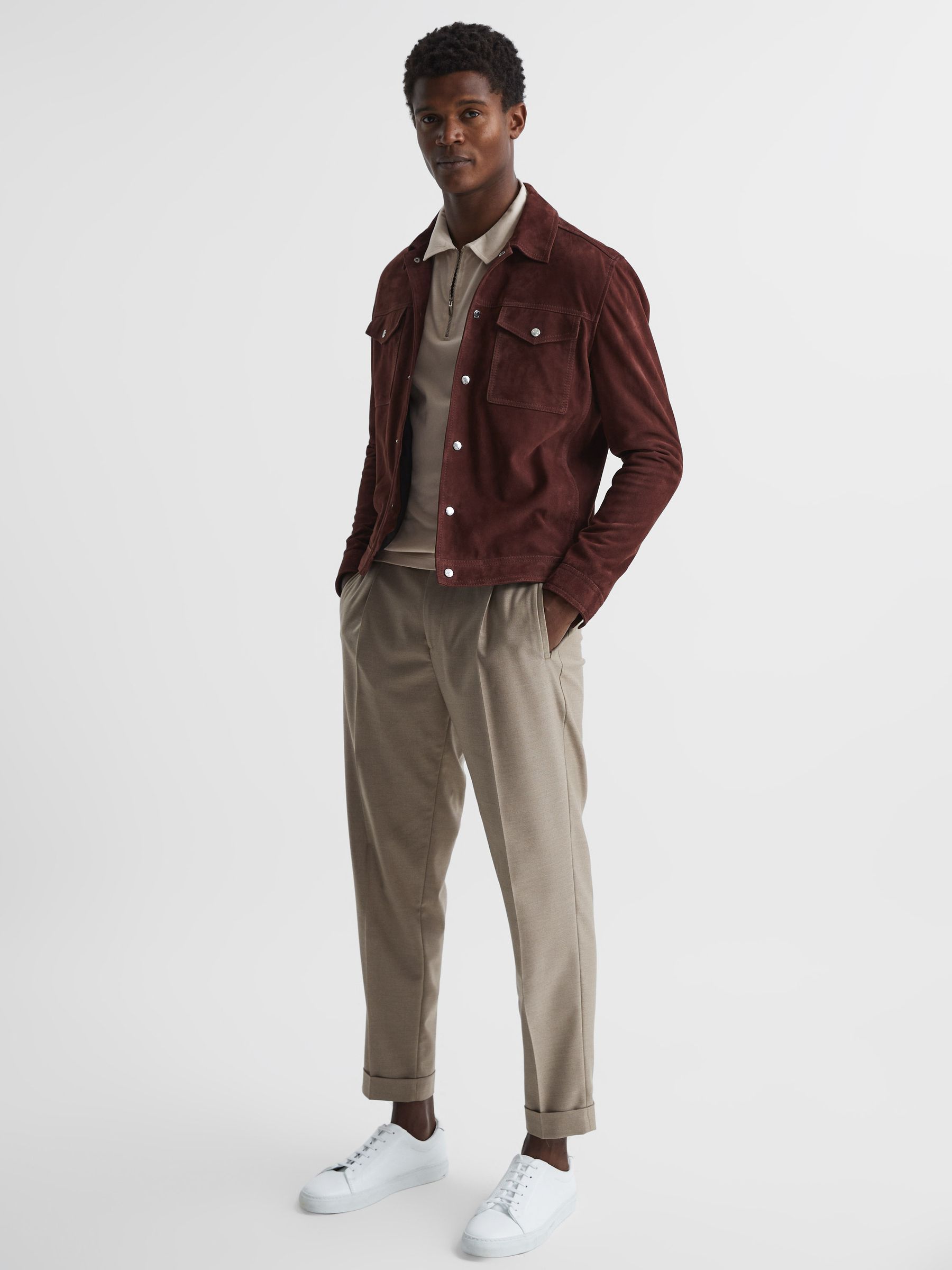 Textured Half Zip Long Sleeve Polo Shirt in Birch White - Image 6 of 6