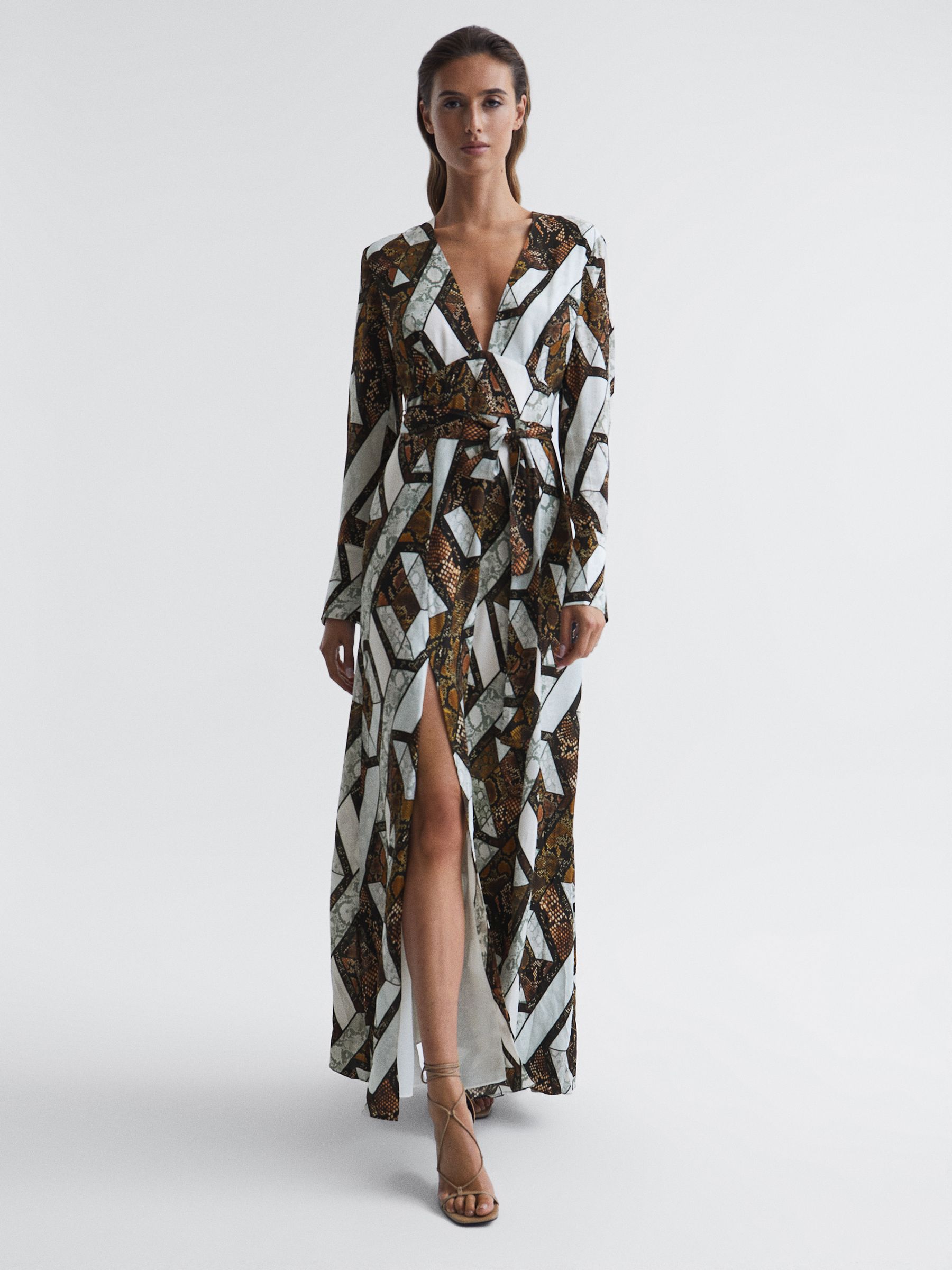 Snake Print Plunge Maxi Dress in Brown - Image 1 of 8