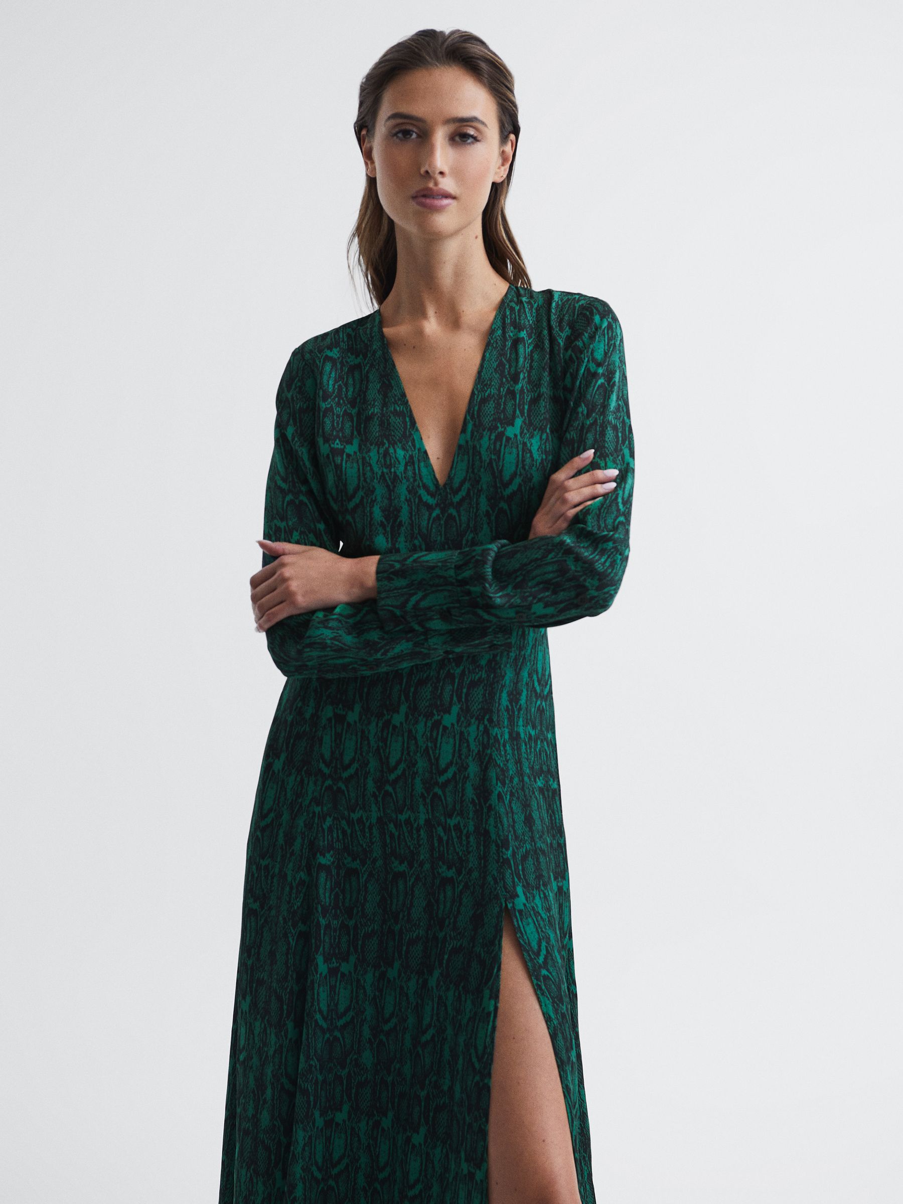 Long Sleeve Printed Midi Dress in Teal - Image 1 of 7