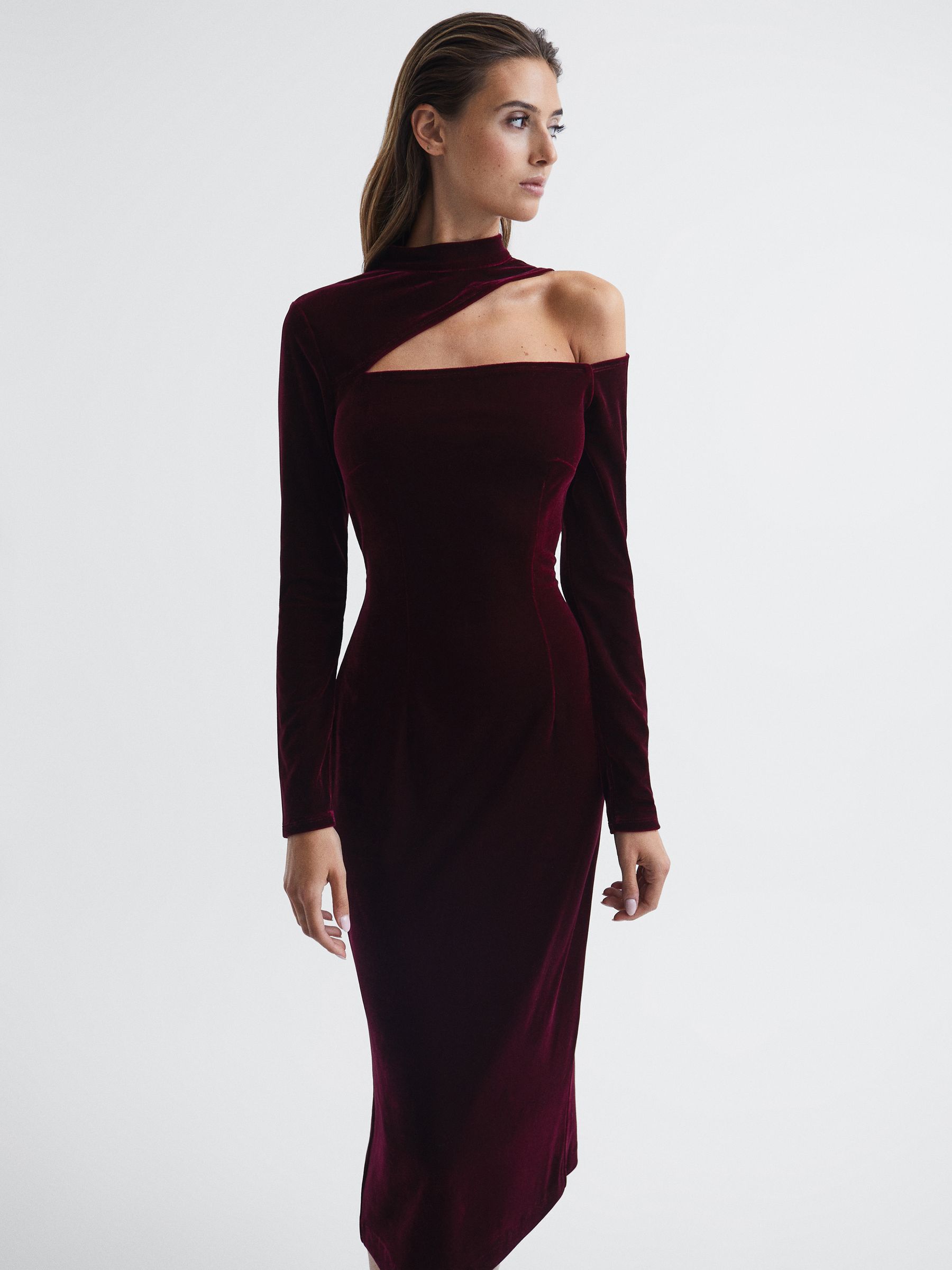 Velvet Cut-Out Shoulder Dress in Burgundy - Image 1 of 6 Velvet Cut-Out Shoulder Dress in Burgundy - Image 1 of 6