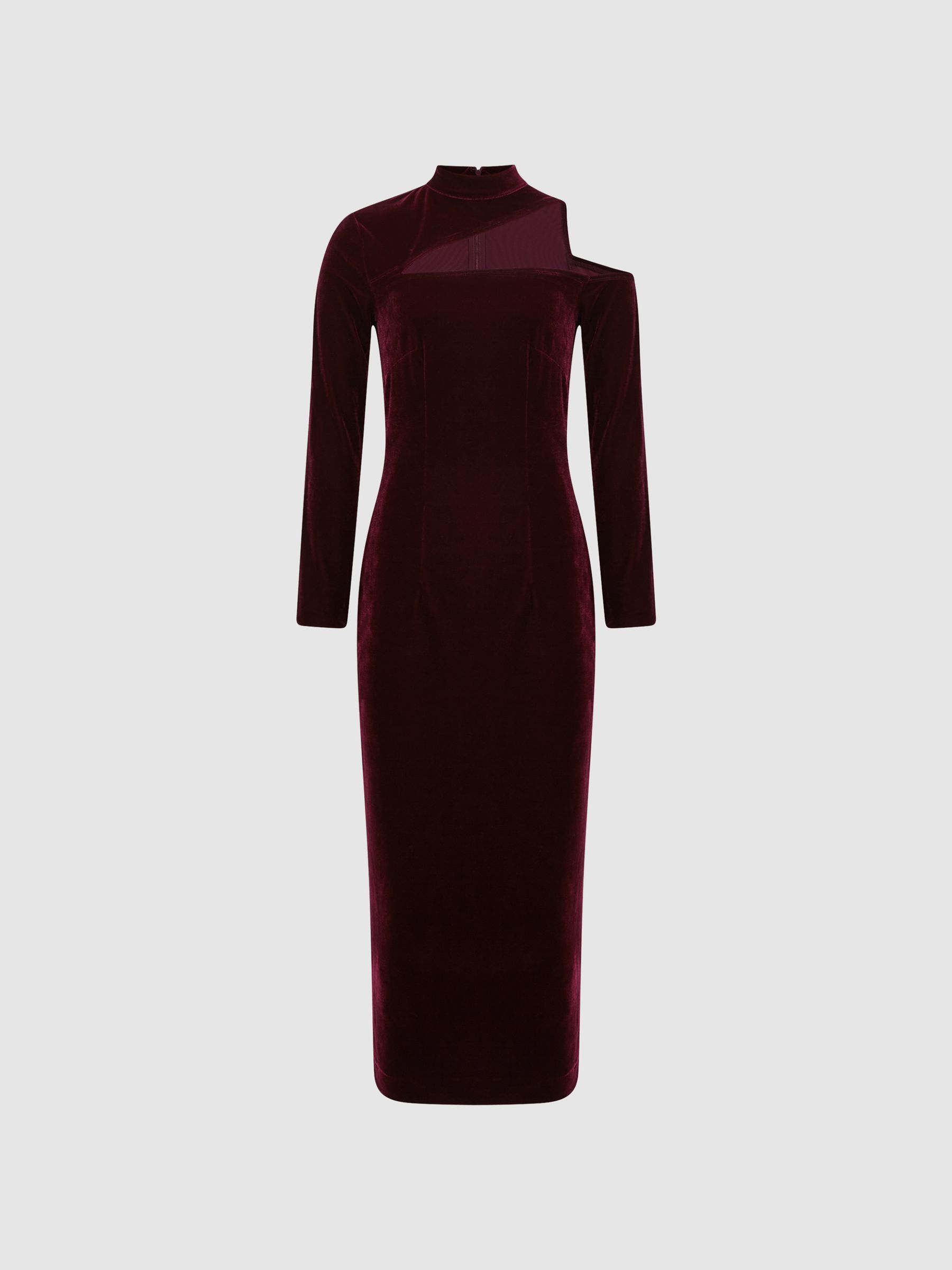 Velvet Cut-Out Shoulder Dress in Burgundy - Image 2 of 6