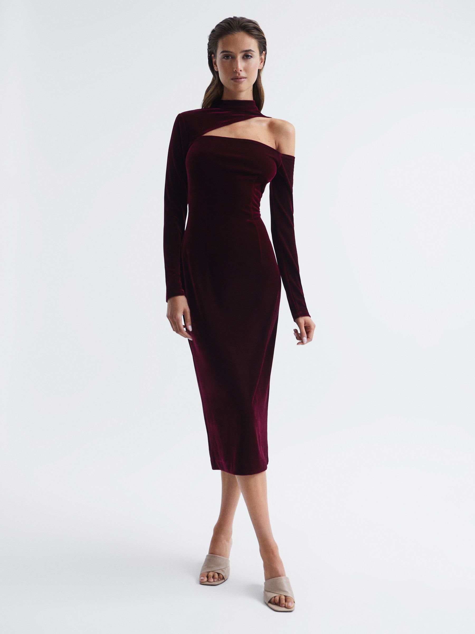 Velvet Cut-Out Shoulder Dress in Burgundy - Image 3 of 6