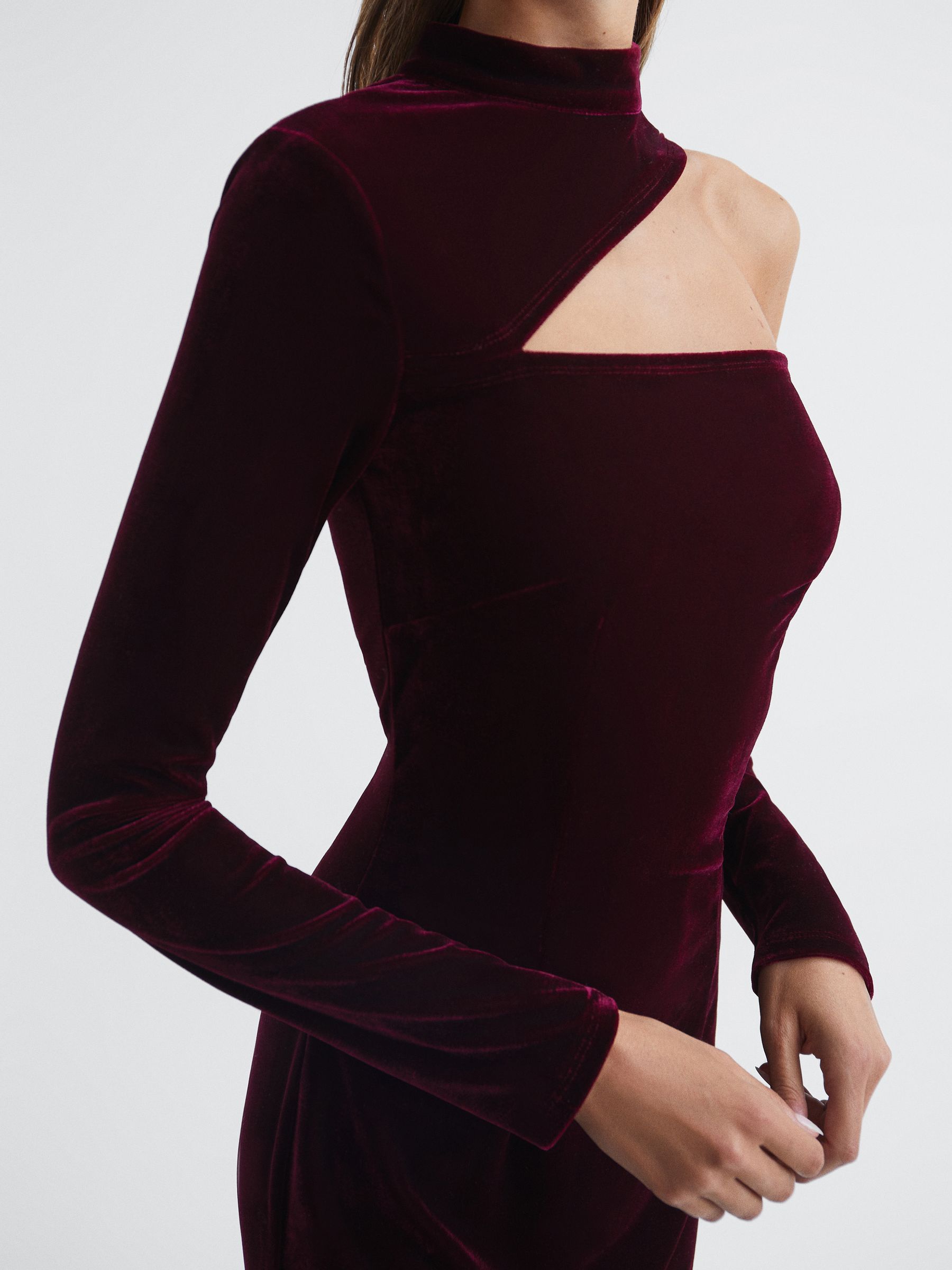 Velvet Cut-Out Shoulder Dress in Burgundy - Image 4 of 6