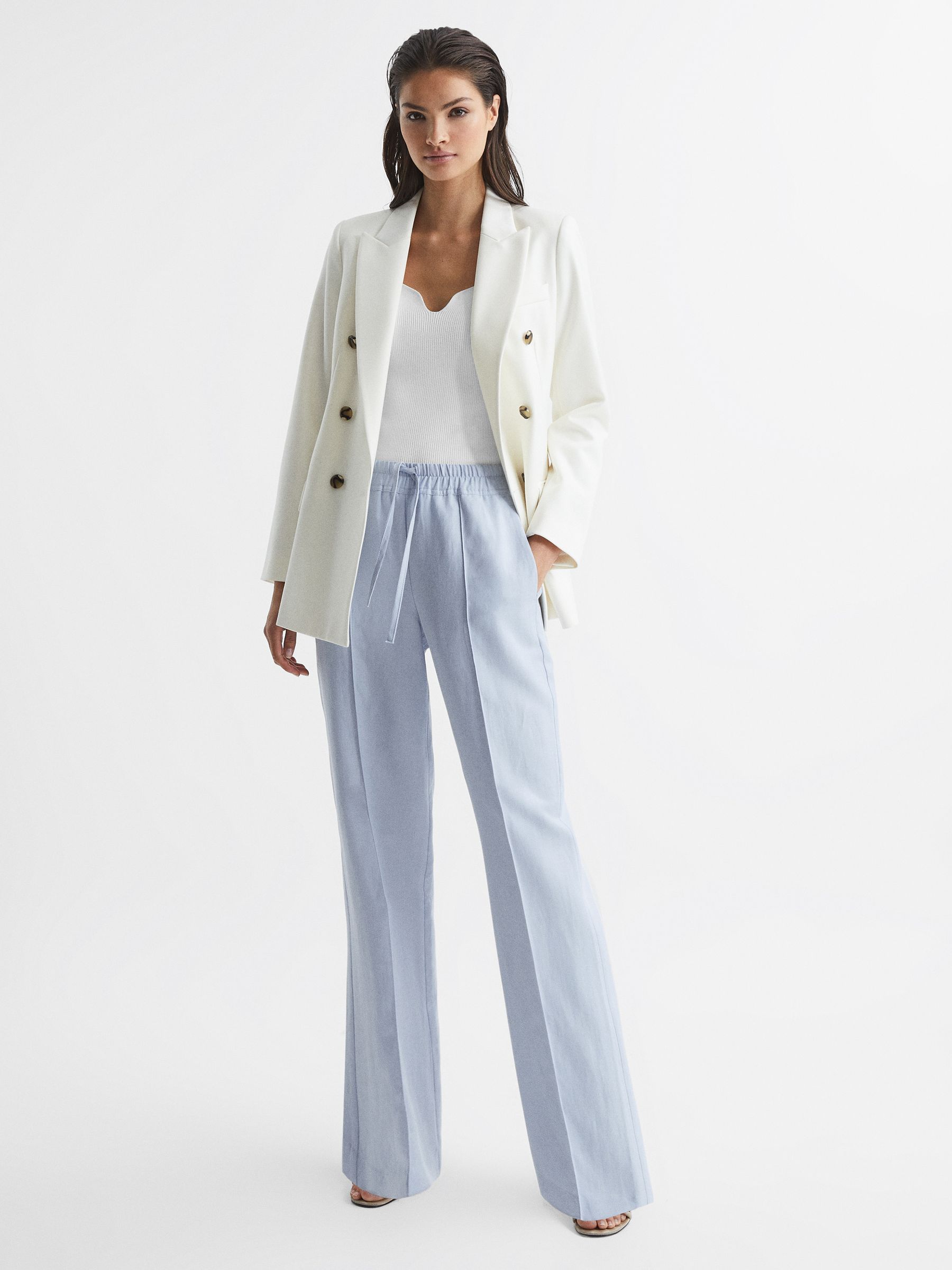 Linen Blend Pull On Trousers in Blue - Image 6 of 7