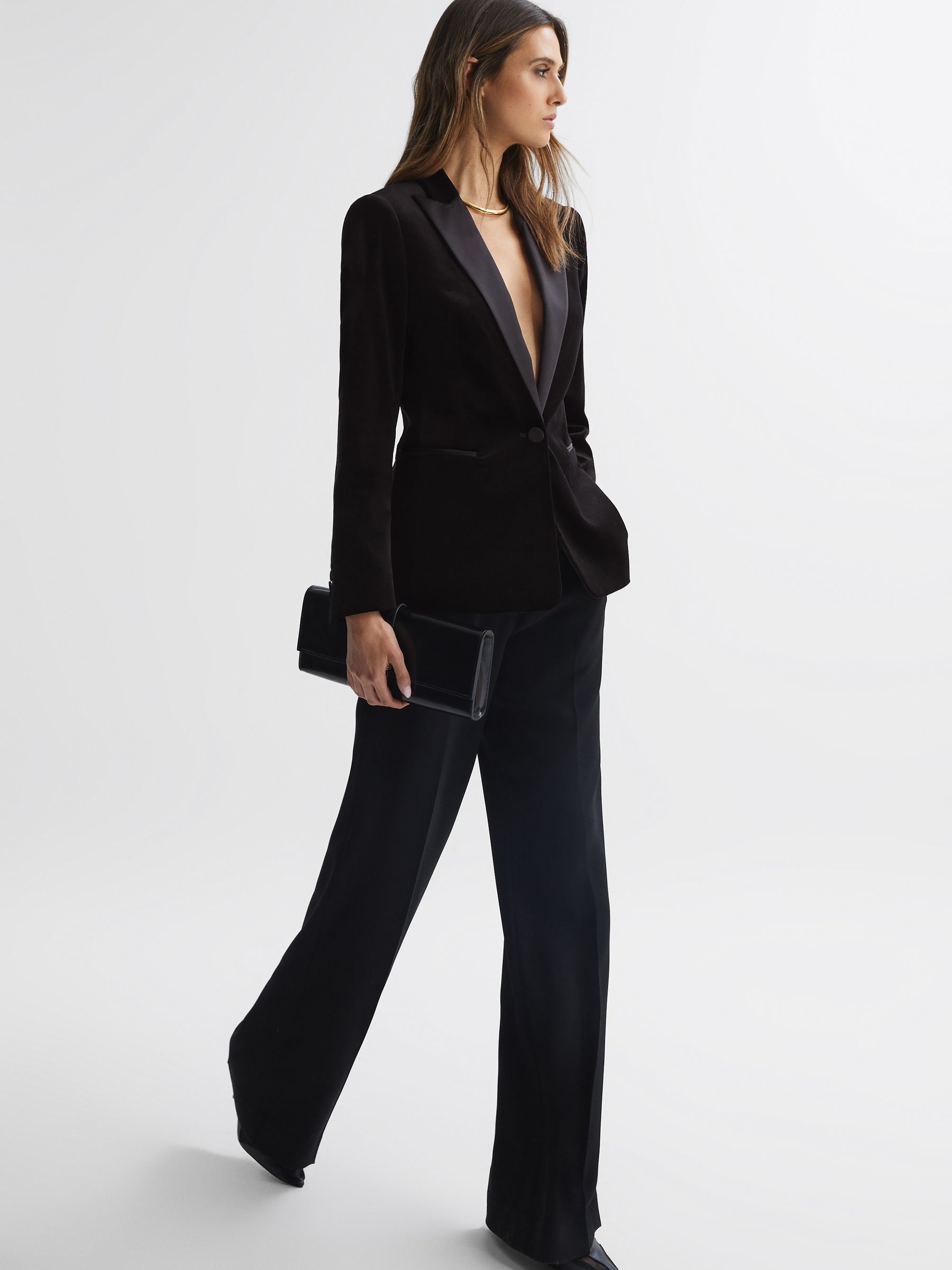 Velvet Single Breasted Blazer in Black - Image 1 of 7