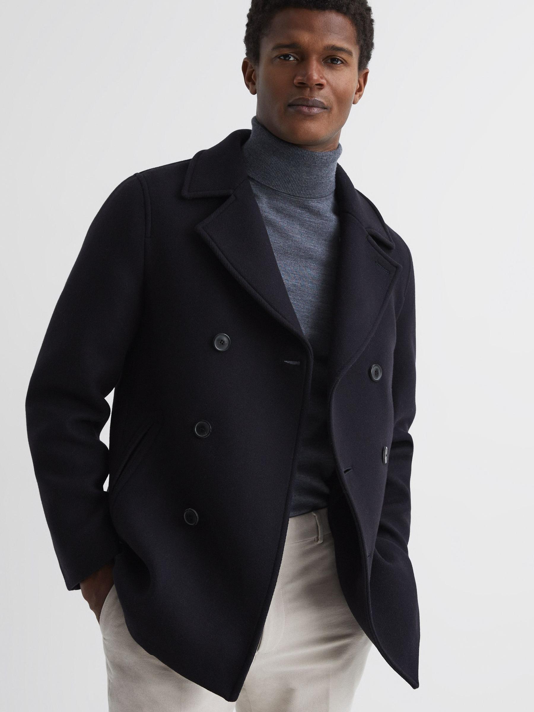 Shearling Mid Length Pea Coat in Navy - Image 1 of 9 Shearling Mid Length Pea Coat in Navy - Image 1 of 9