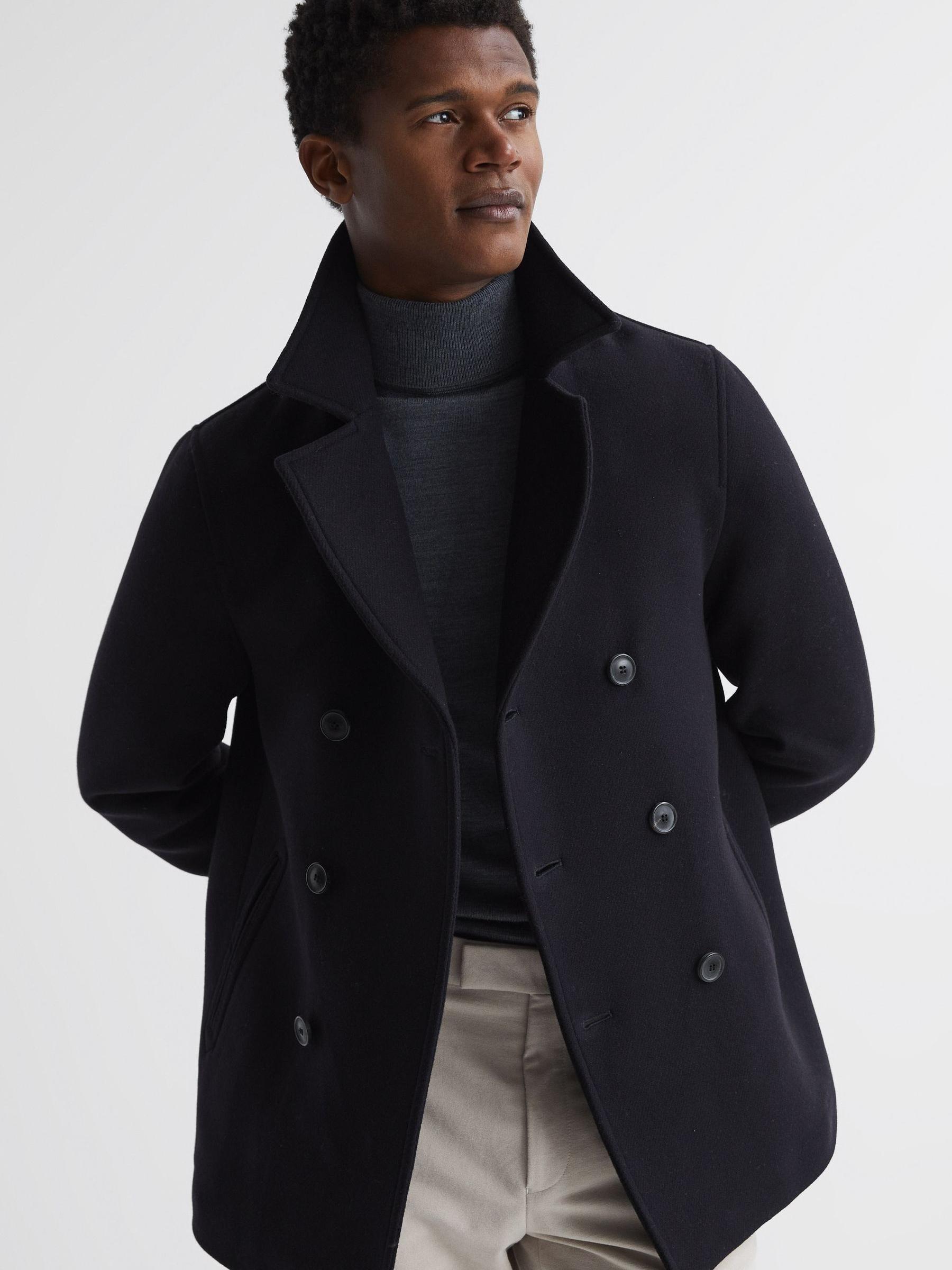 Reiss Shearling Mid Length Pea Coat in Navy | REISS
