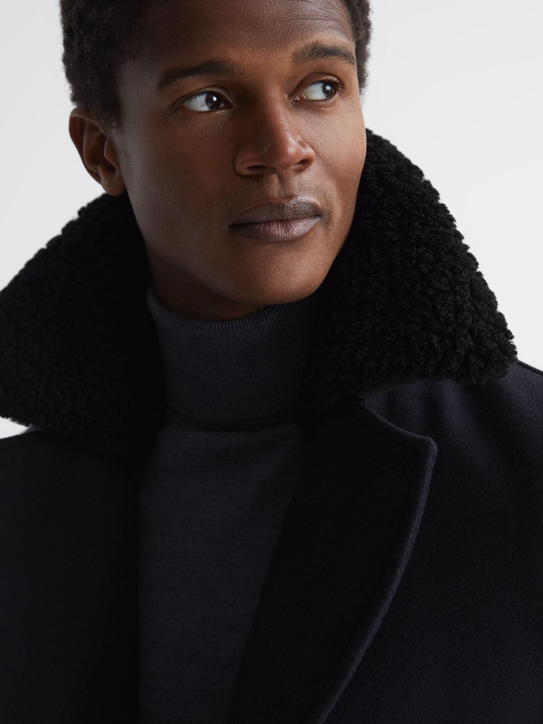 Reiss Shearling Mid Length Pea Coat in Navy | REISS