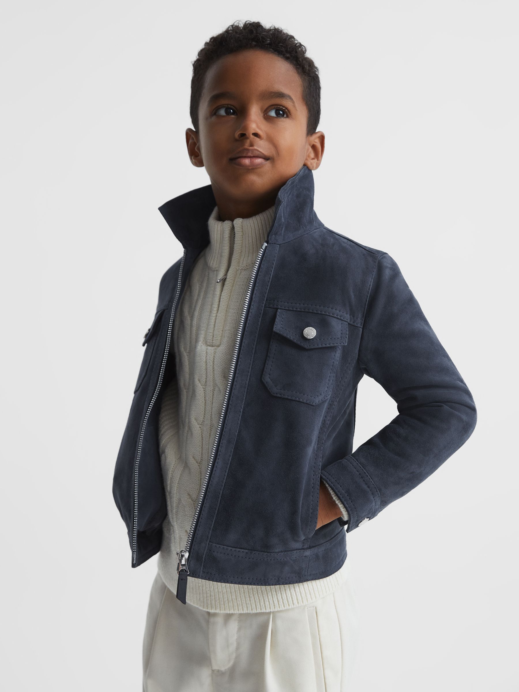 Suede Zip Through Jacket in Airforce Blue - Image 1 of 6