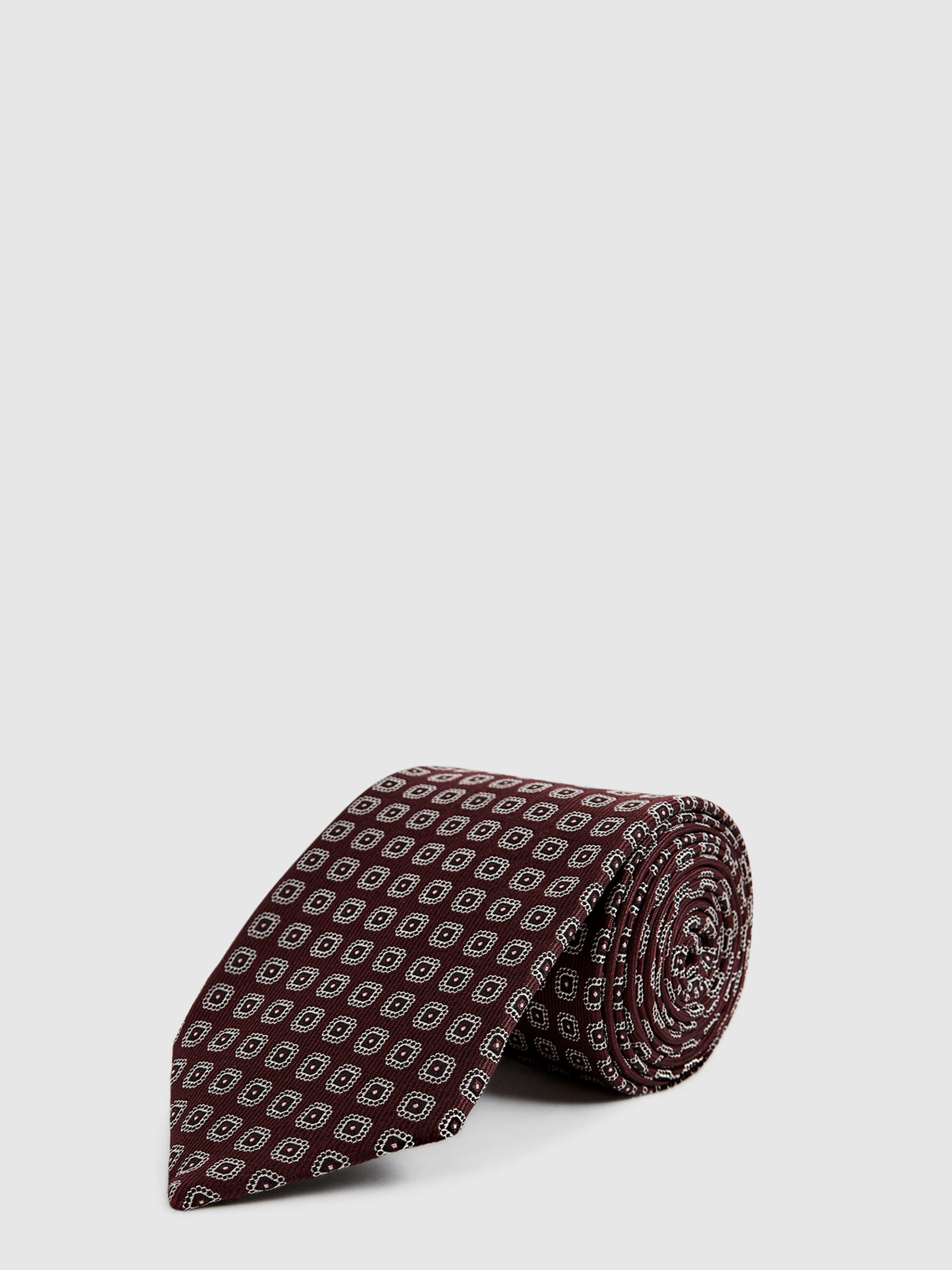 Geo Jacquard Print Silk Tie in Burgundy - Image 1 of 5