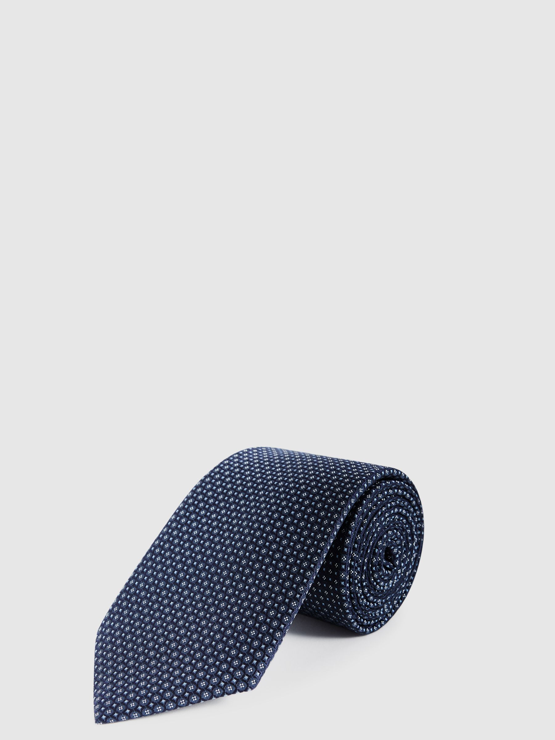 Micro Geo Jacquard Print Silk Tie in Navy - Image 1 of 5