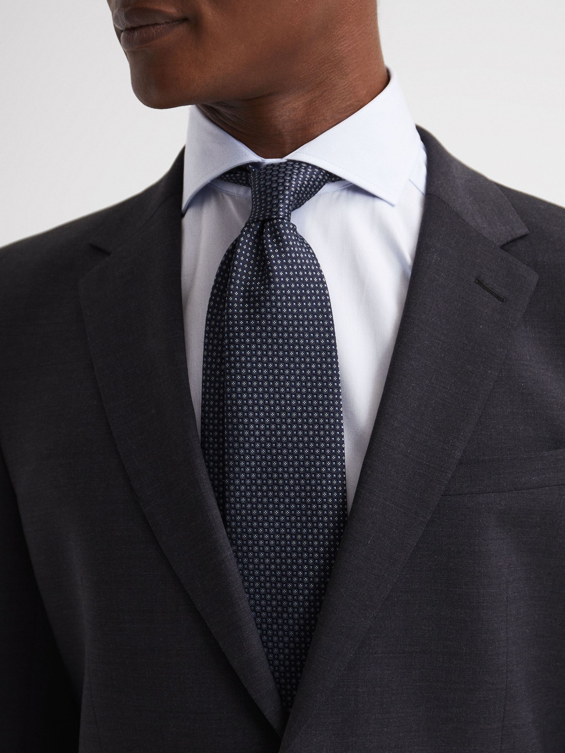 Micro Geo Jacquard Print Silk Tie in Navy - Image 3 of 5