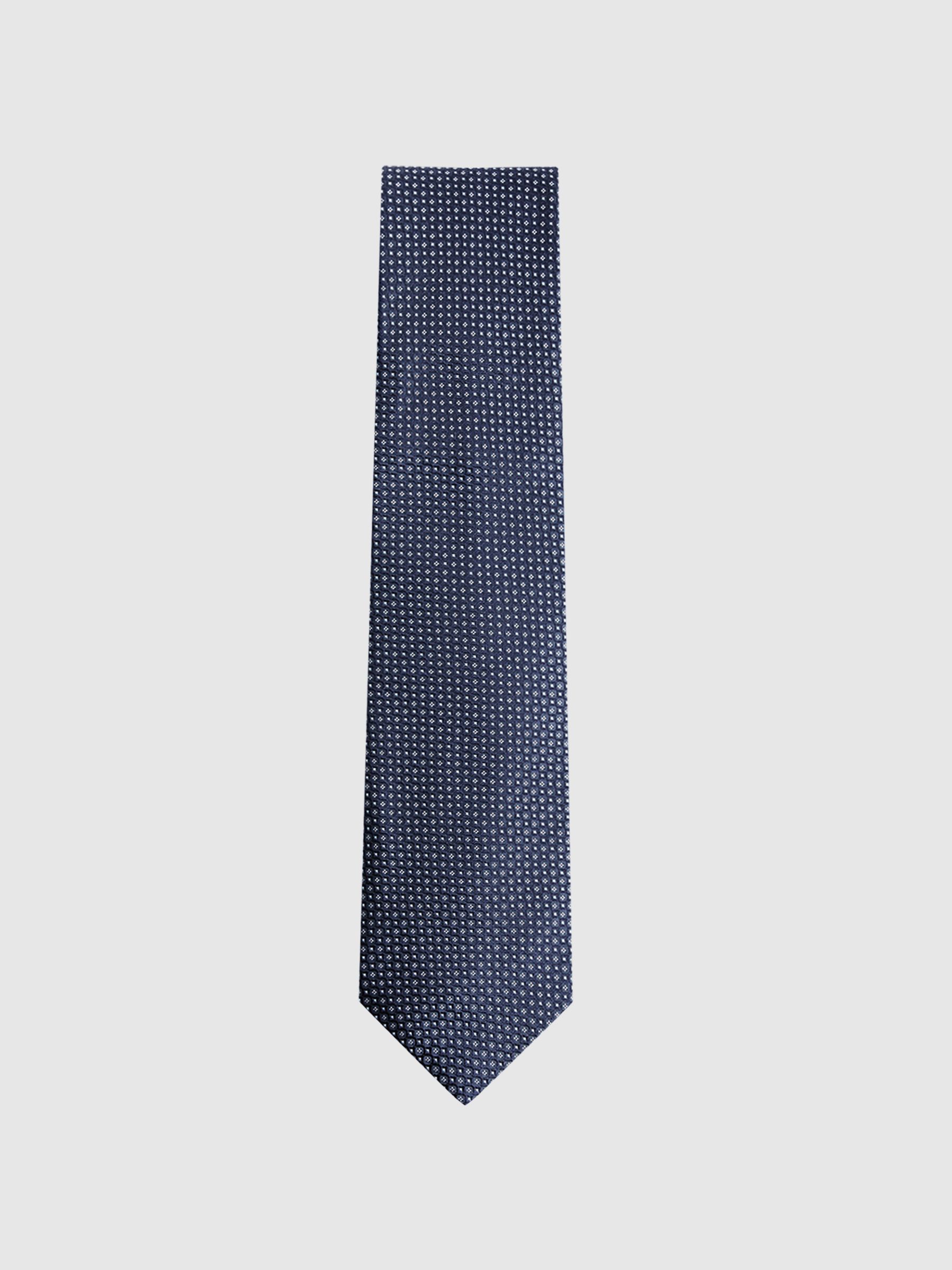 Micro Geo Jacquard Print Silk Tie in Navy - Image 4 of 5