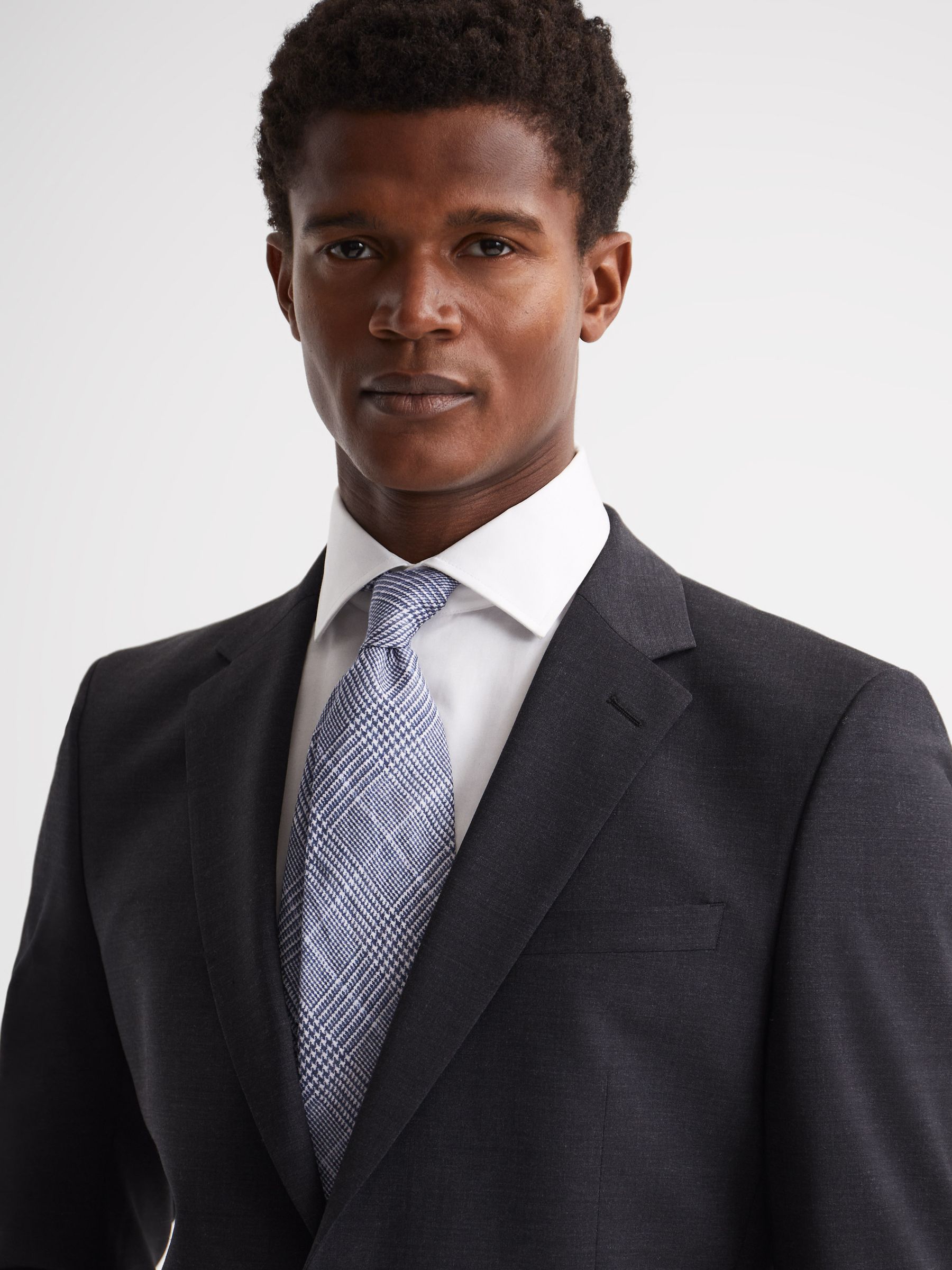 Prince of Wales Check Linen Tie in Airforce Blue - Image 2 of 5