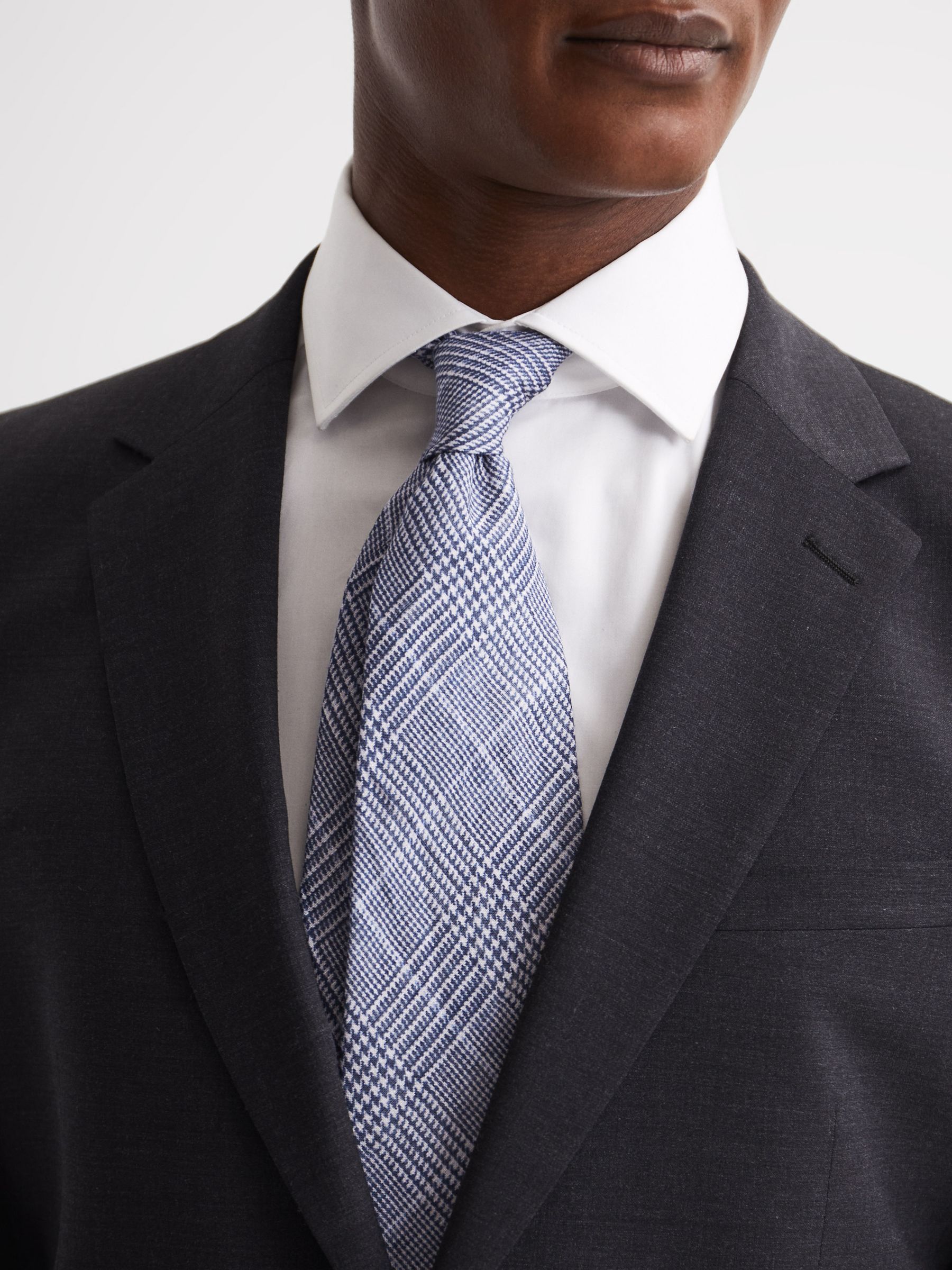 Prince of Wales Check Linen Tie in Airforce Blue - Image 3 of 5