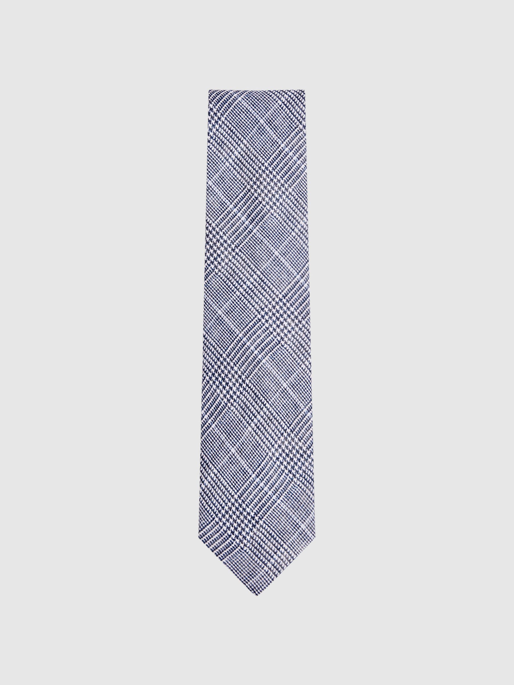 Prince of Wales Check Linen Tie in Airforce Blue - Image 4 of 5