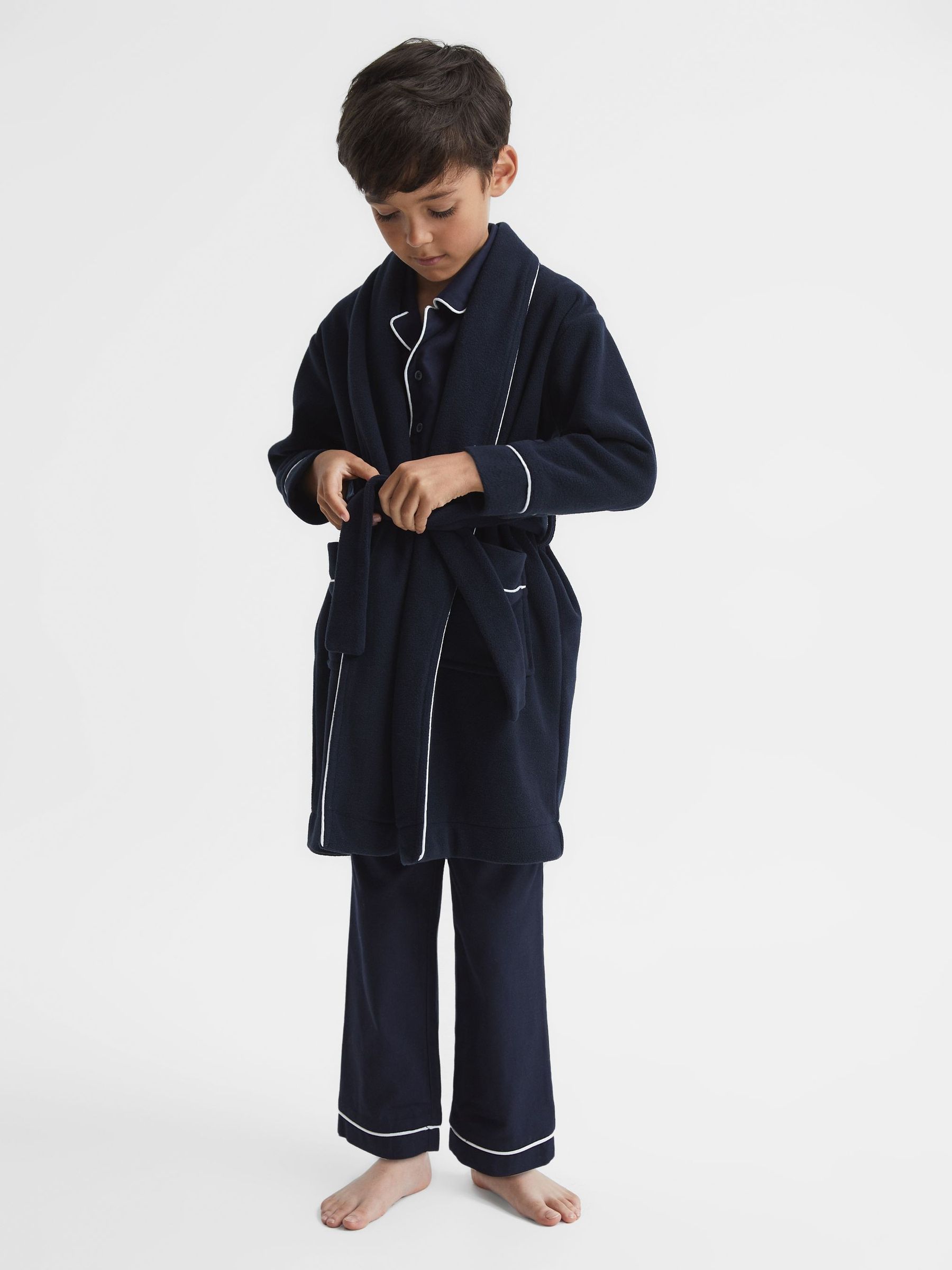 4-9 yrs Piped Fleece Nightwear Dressing Gown in Navy - Image 3 of 7