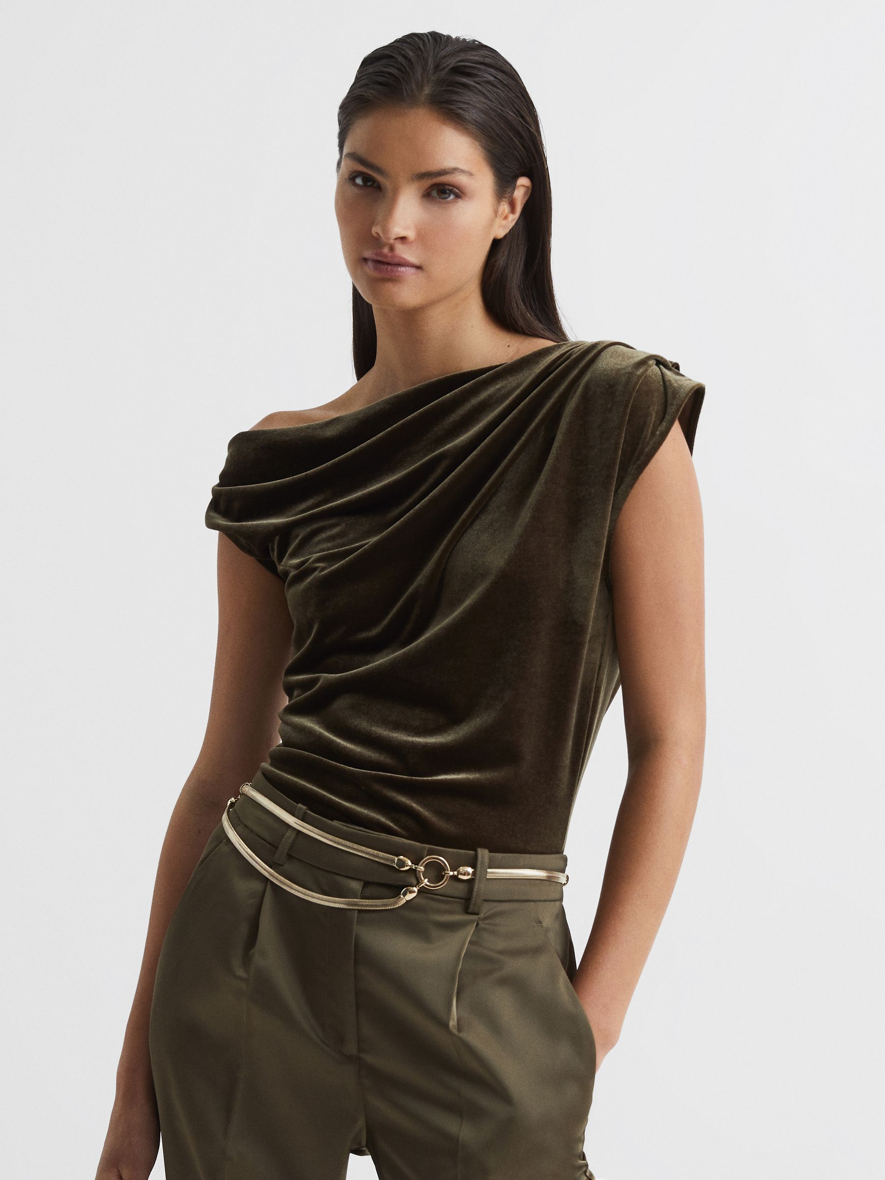 Velvet Short Sleeve Drape Top in Khaki - Image 1 of 5