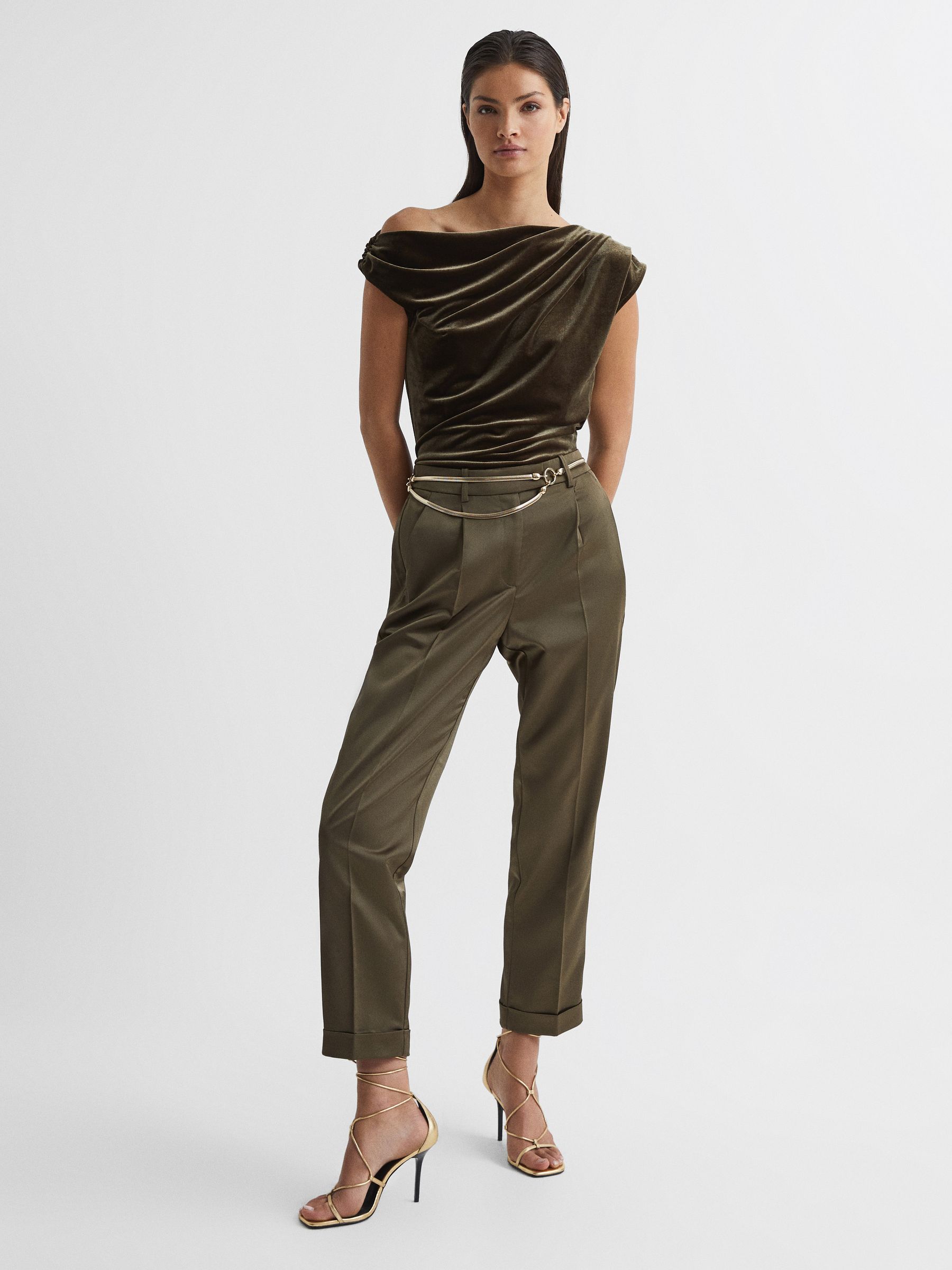 Velvet Short Sleeve Drape Top in Khaki - Image 3 of 5