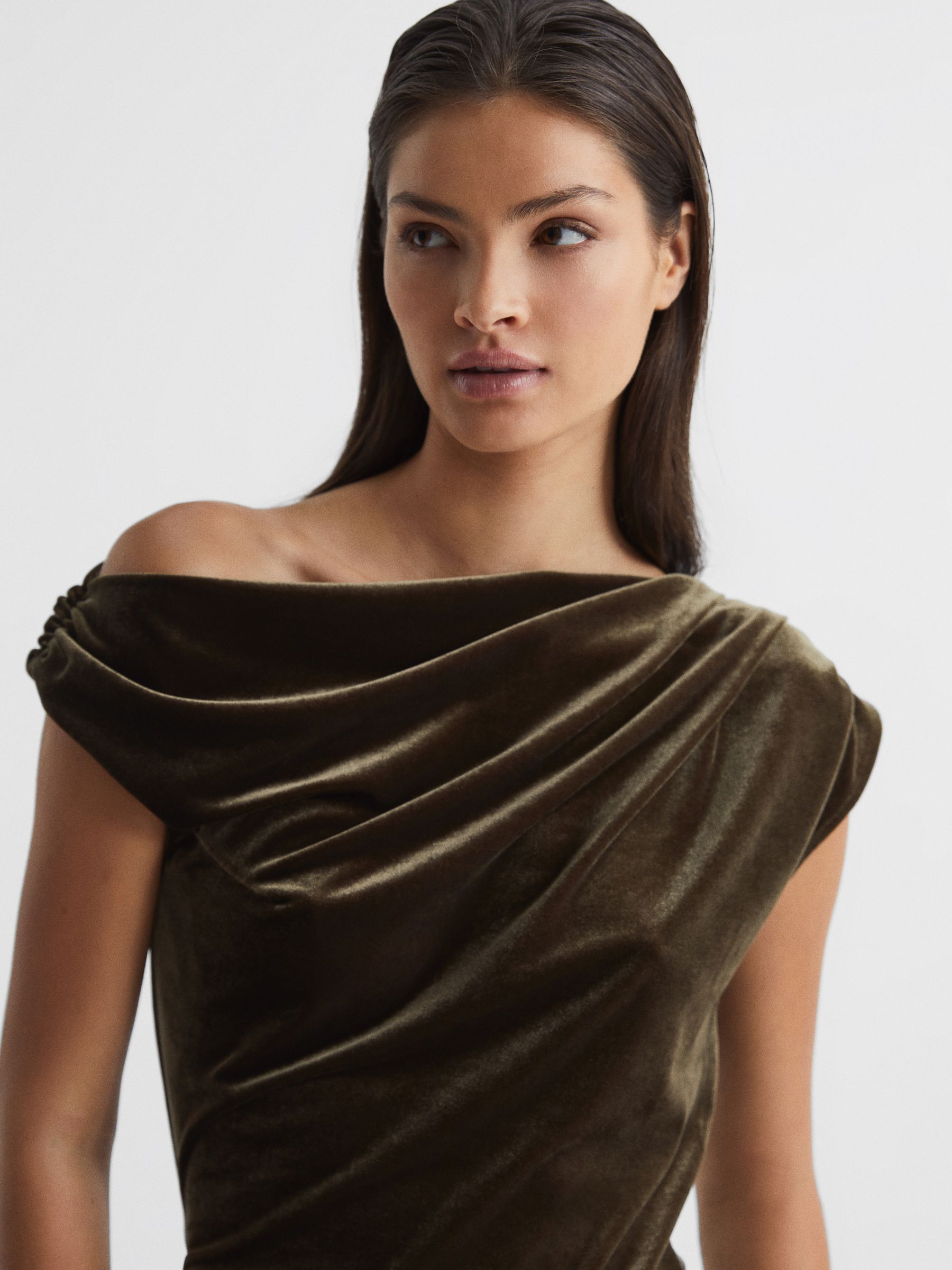 Velvet Short Sleeve Drape Top in Khaki - Image 4 of 5