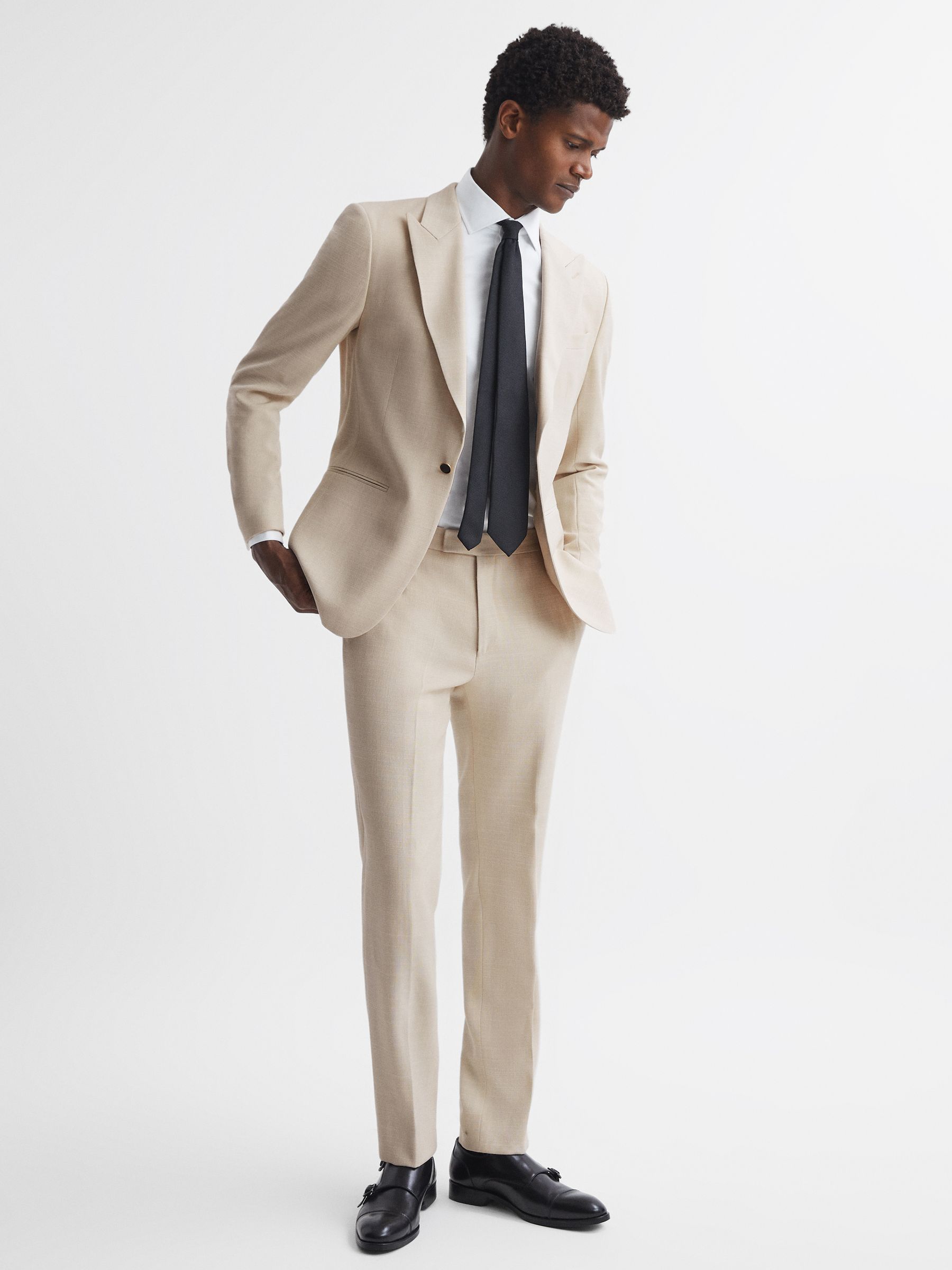 Slim Fit Textured Side Adjuster Trousers in Ivory - Image 1 of 5