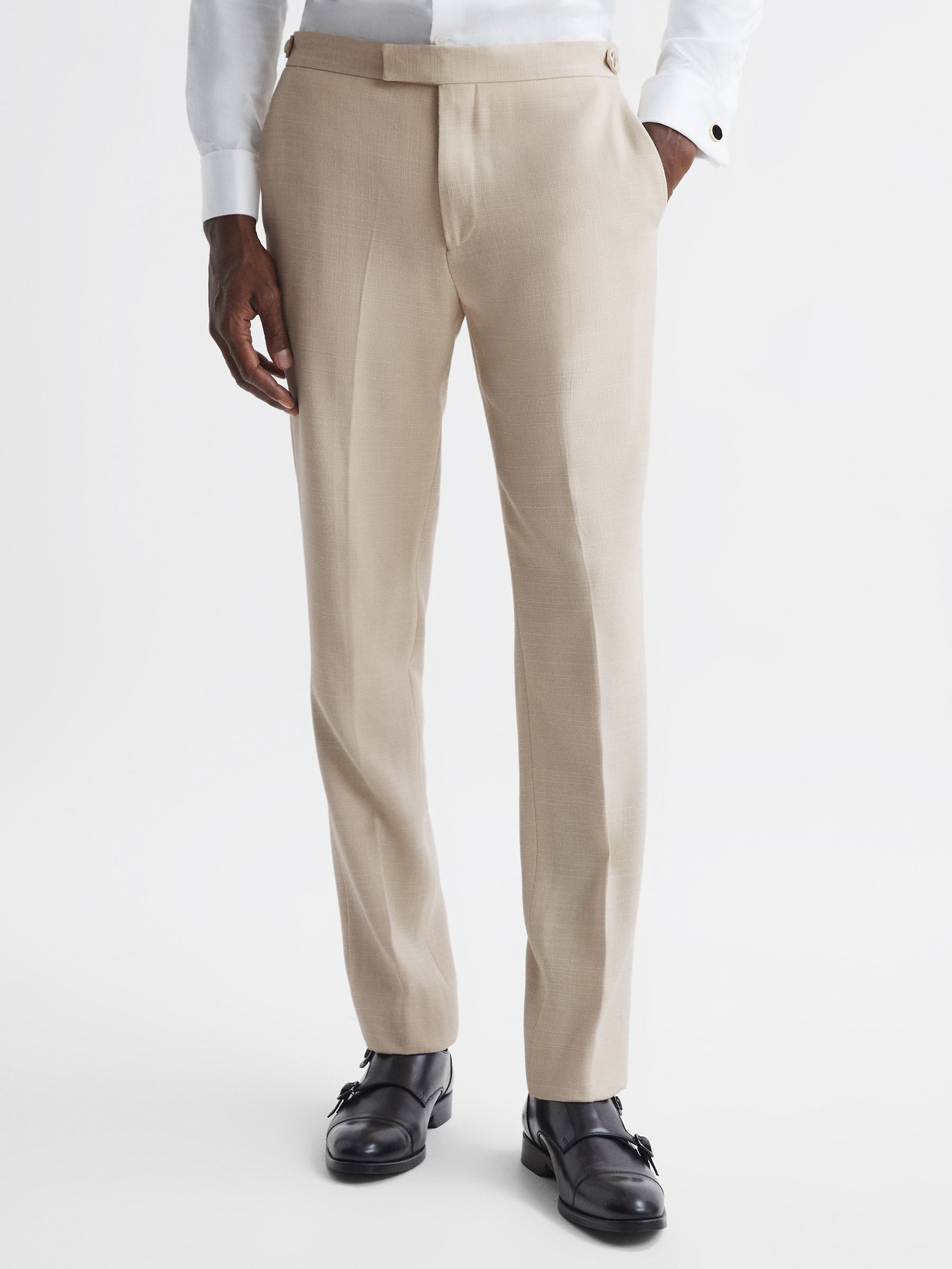 Slim Fit Textured Side Adjuster Trousers in Ivory - Image 3 of 5