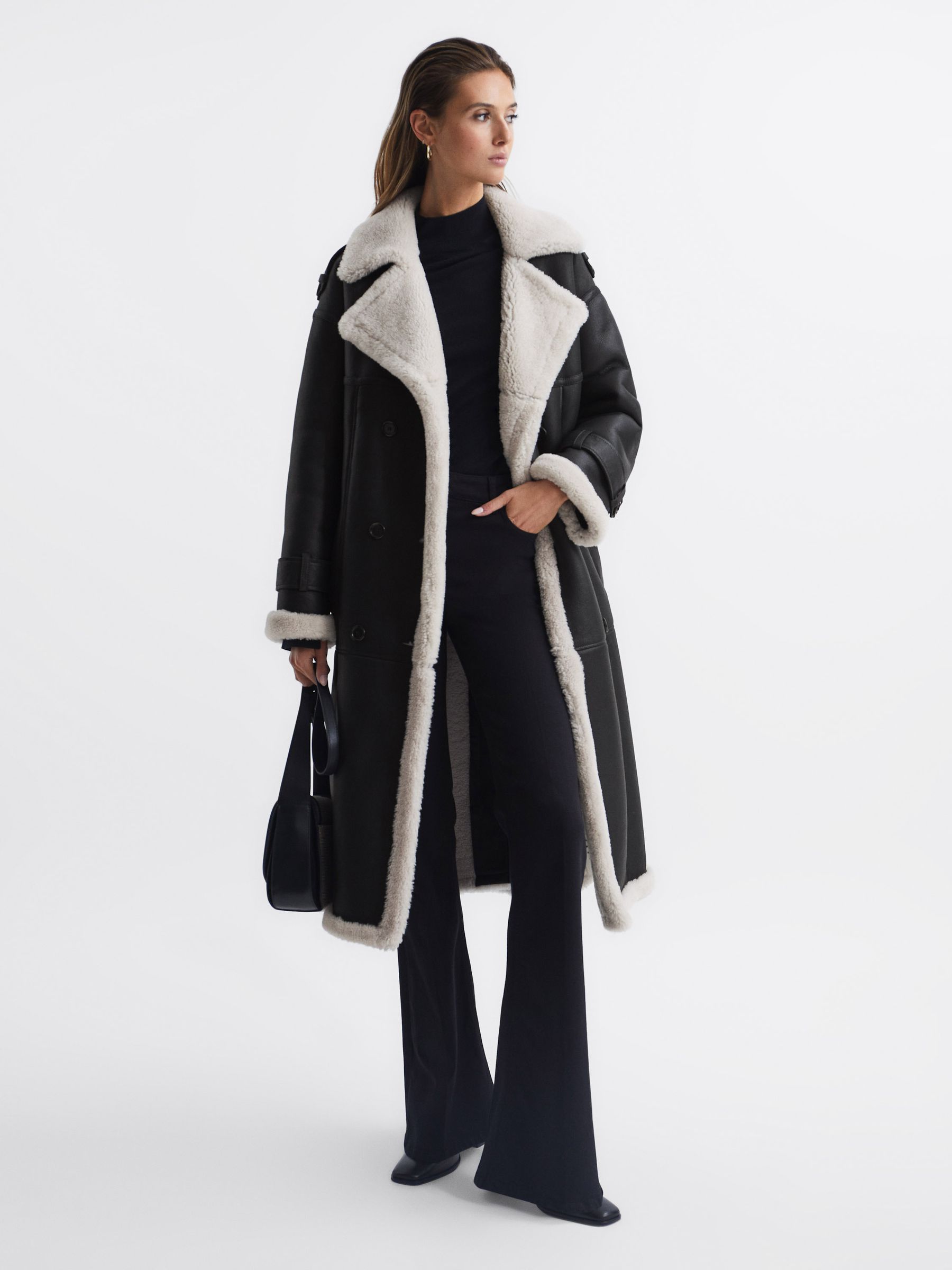 Shearling Trench Coat in Black - Image 1 of 8