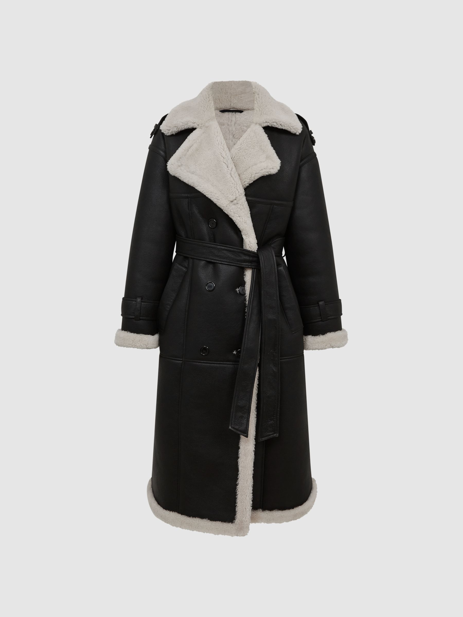 Shearling Trench Coat in Black - Image 2 of 8