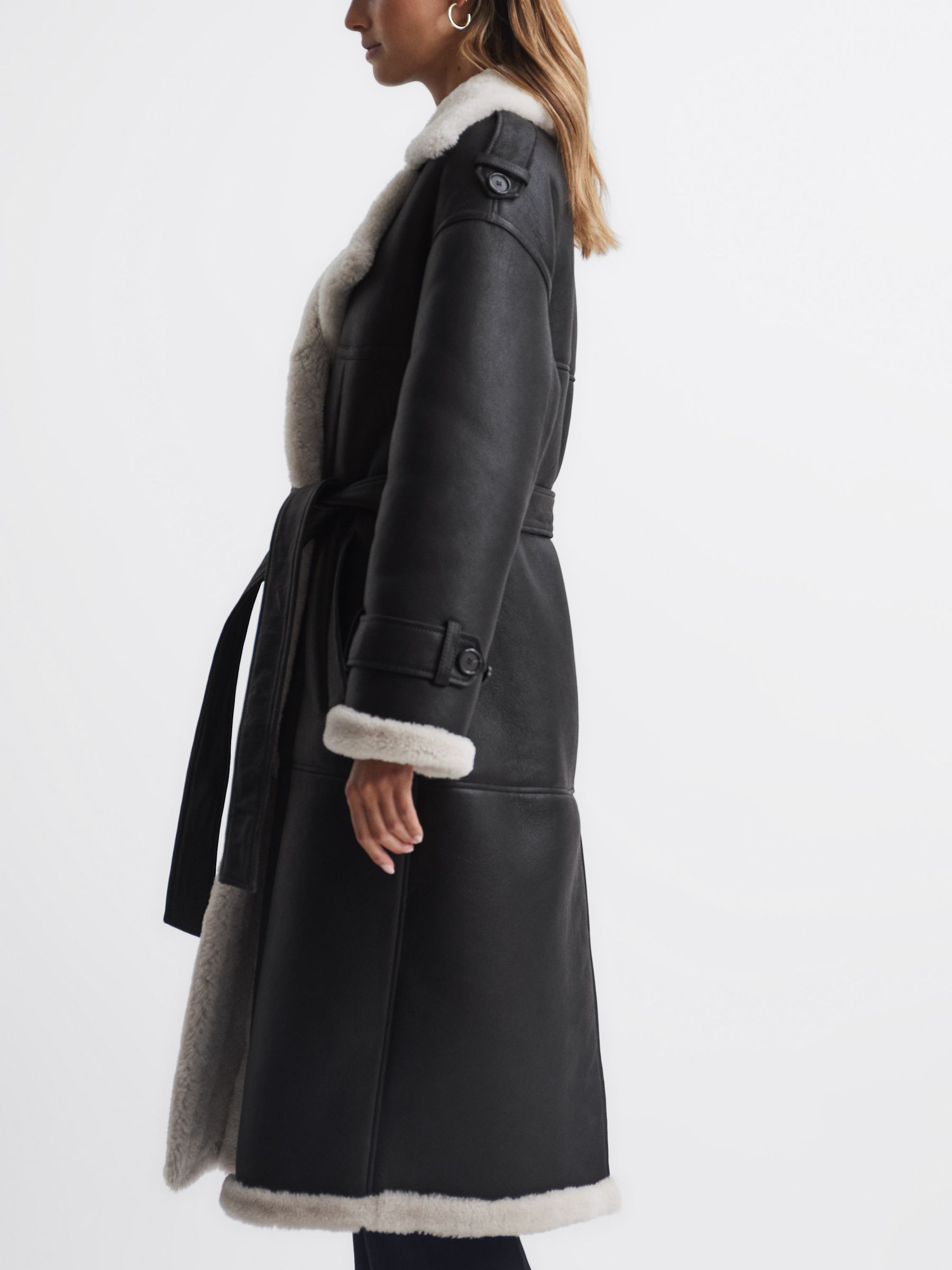 Shearling Trench Coat in Black - Image 3 of 8