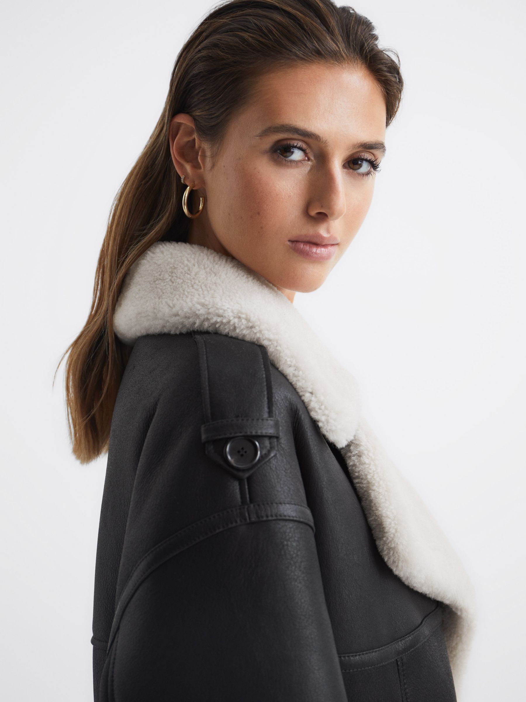Shearling Trench Coat in Black - Image 4 of 8