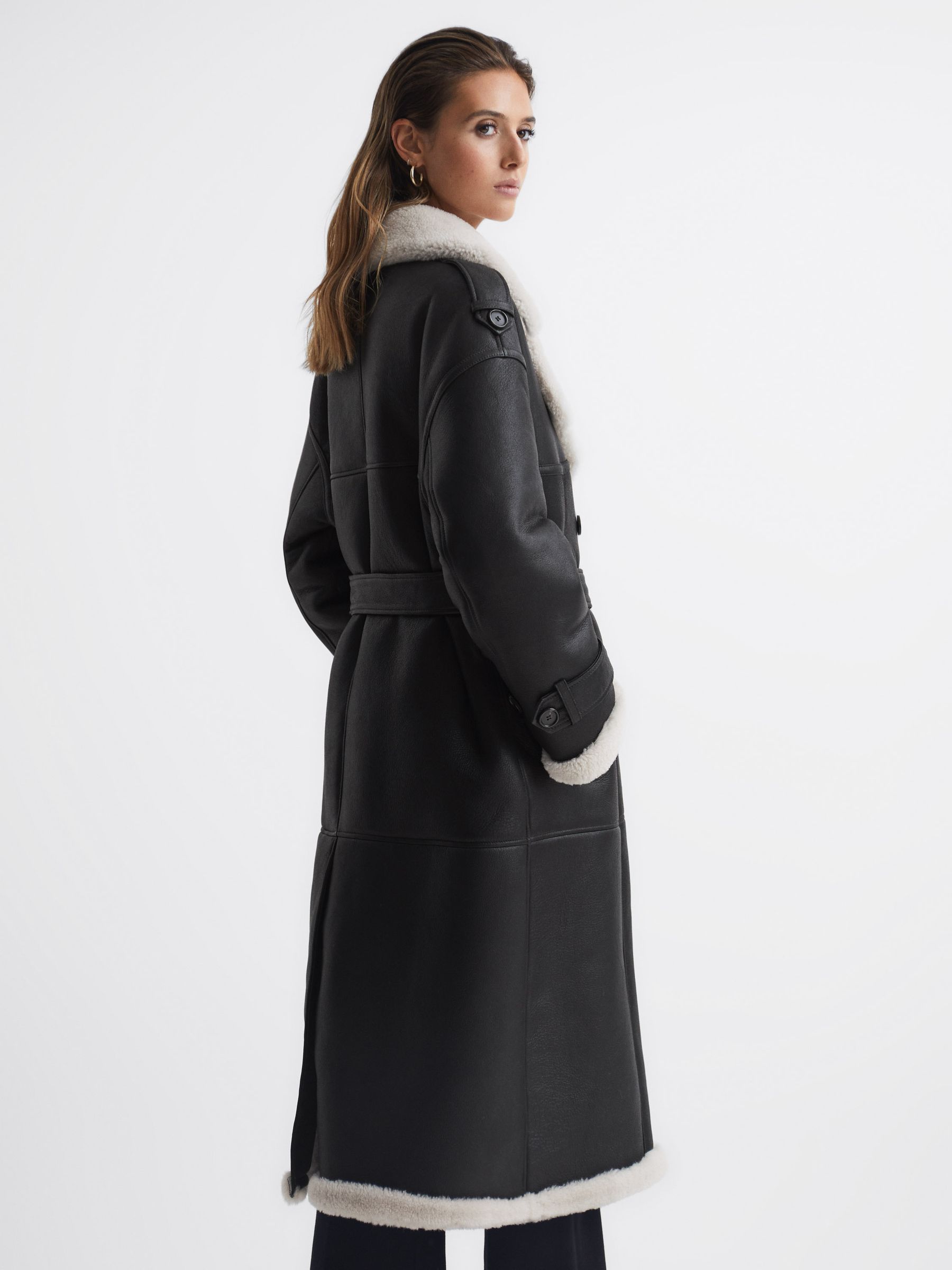 Shearling Trench Coat in Black - Image 5 of 8