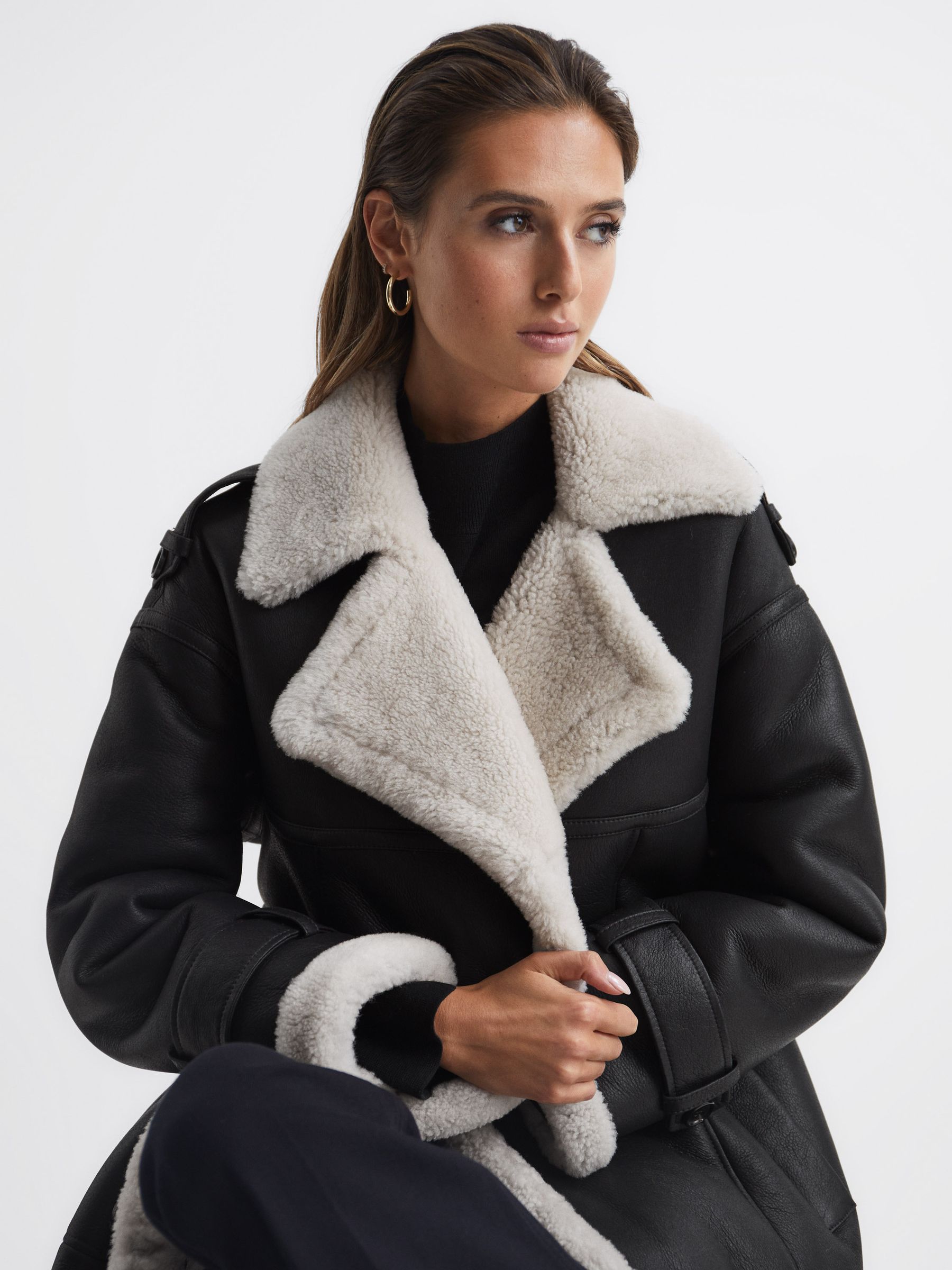 Shearling Trench Coat in Black - Image 8 of 8