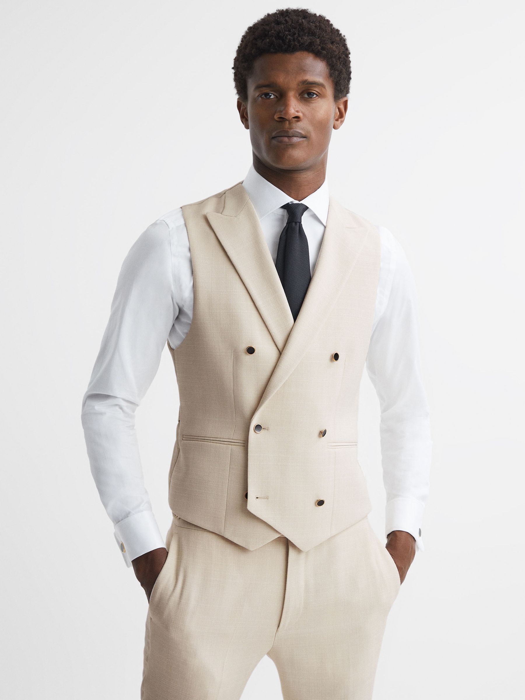 Slim Fit Textured Double Breasted Waistcoat in Ivory - Image 1 of 5