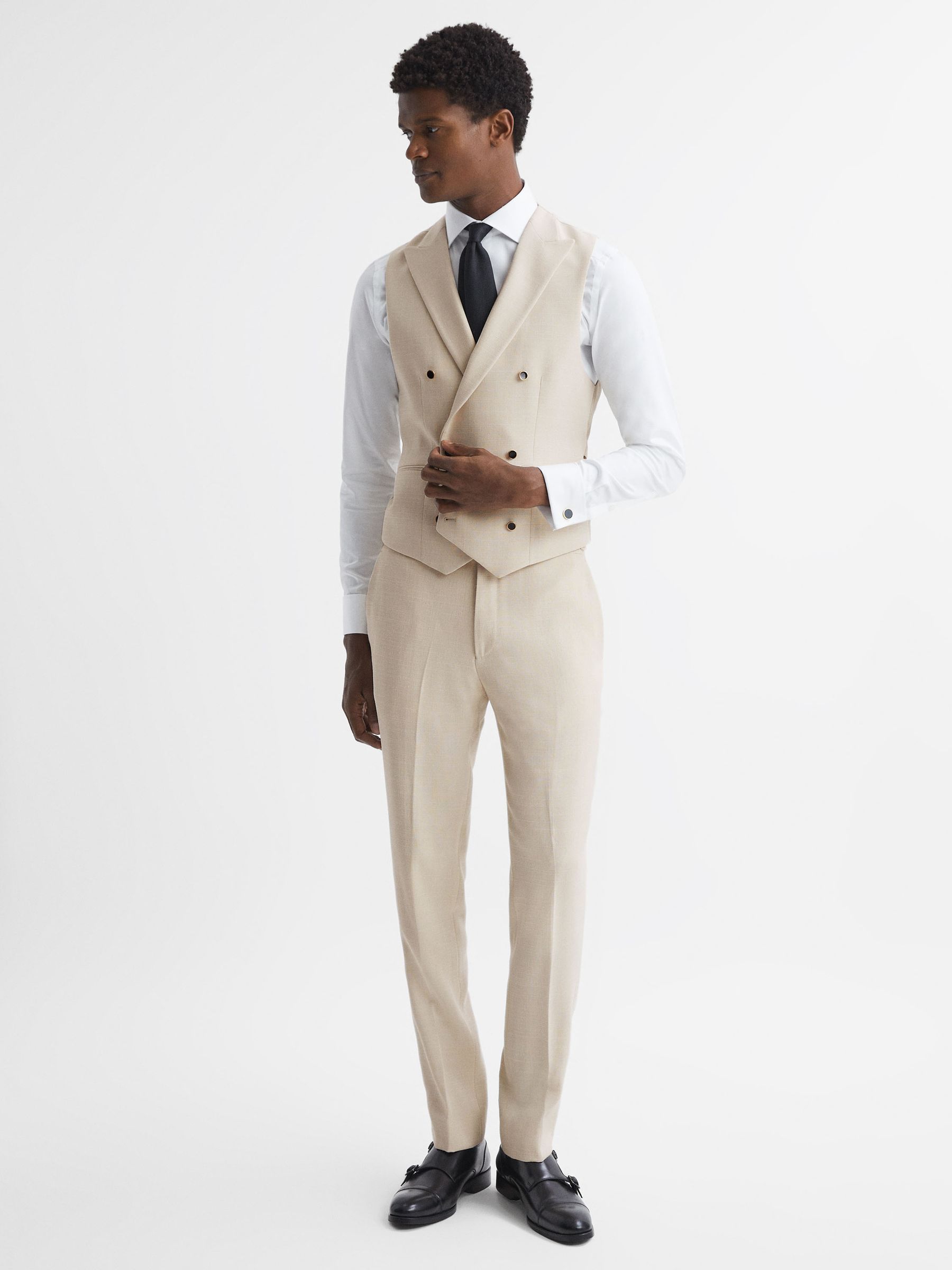 Slim Fit Textured Double Breasted Waistcoat in Ivory - Image 4 of 5