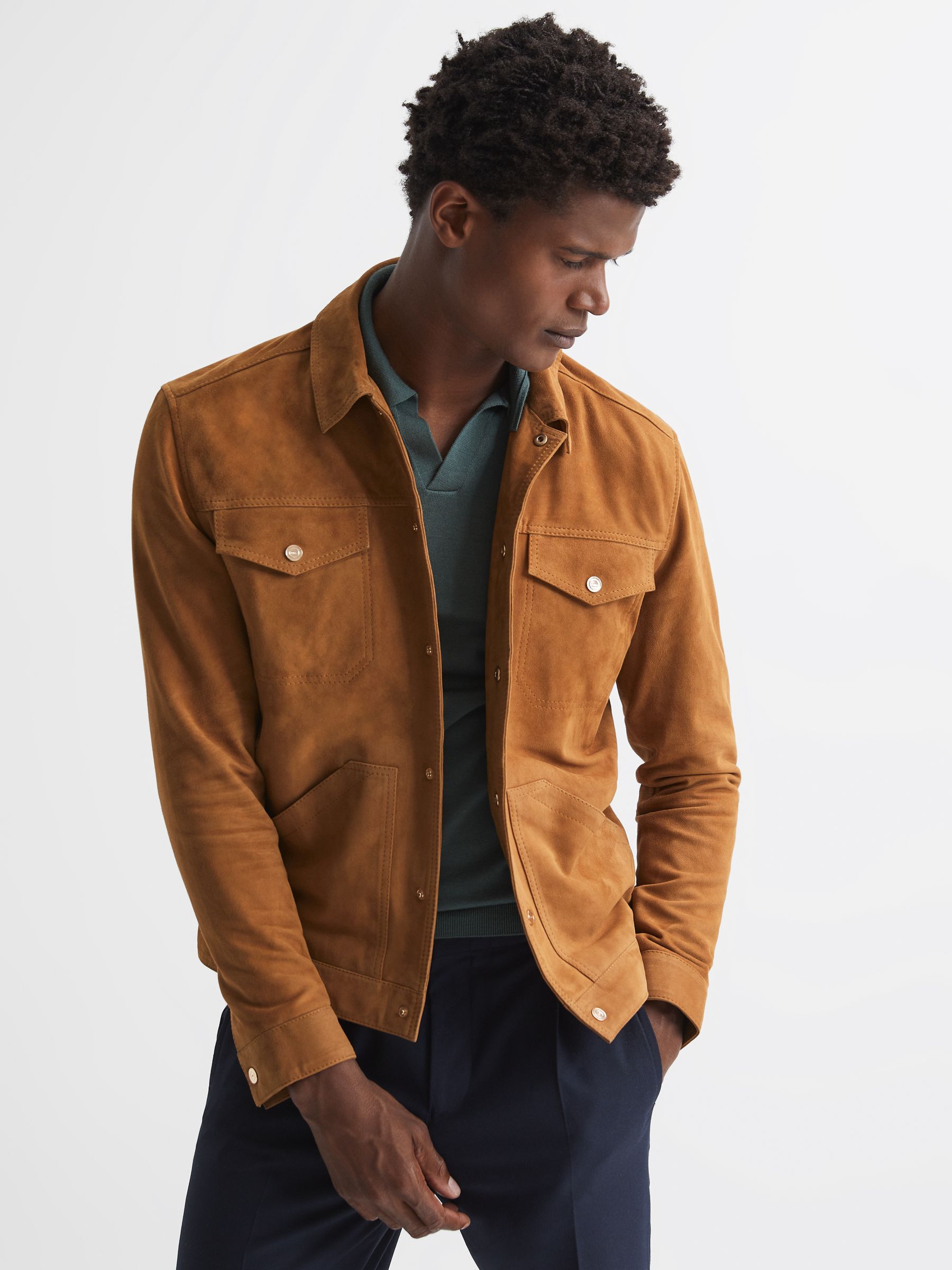 Press Stud Suede Trucker Jacket in Caramel - Image 1 of 7