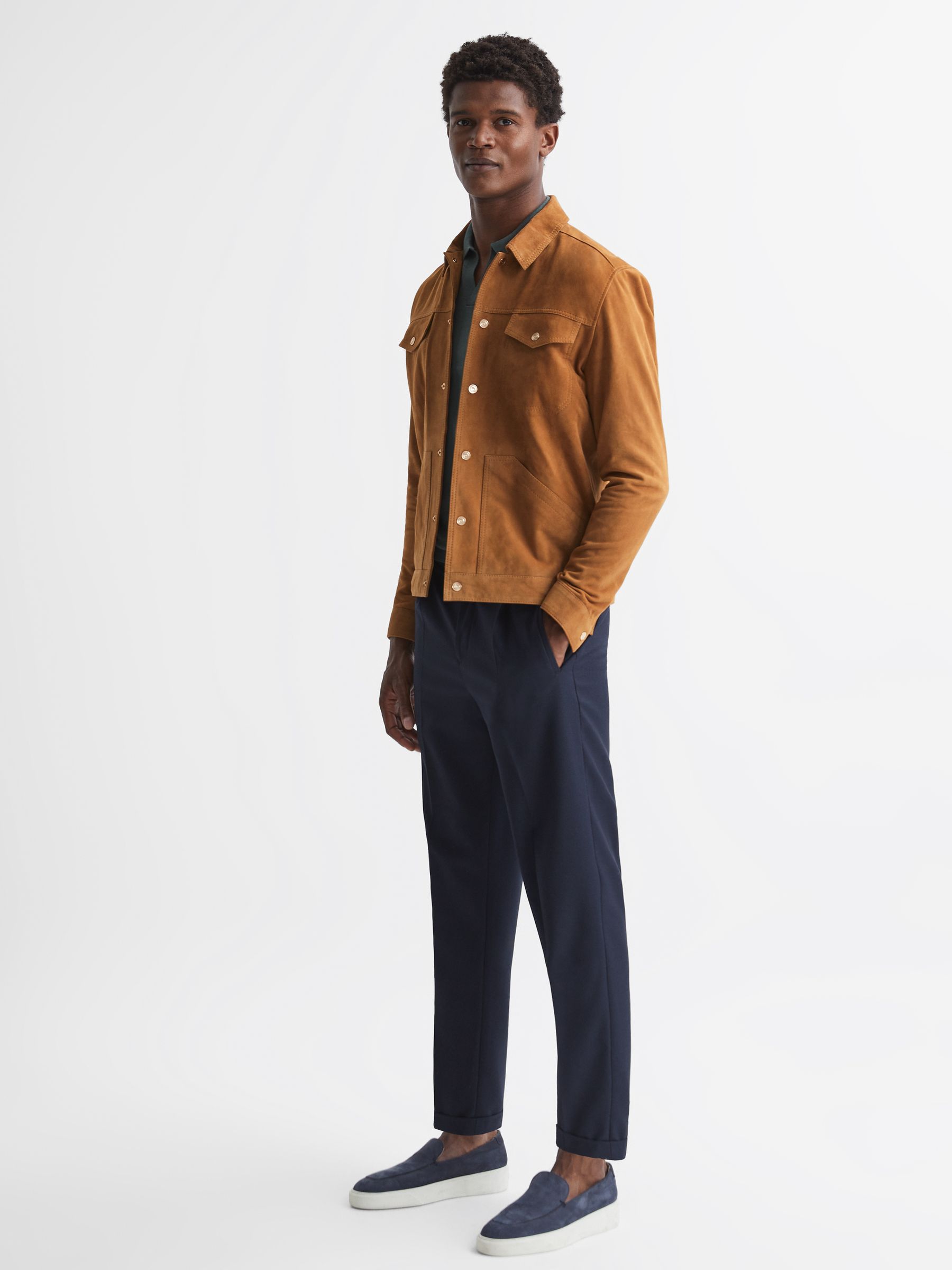 Press Stud Suede Trucker Jacket in Caramel - Image 3 of 7