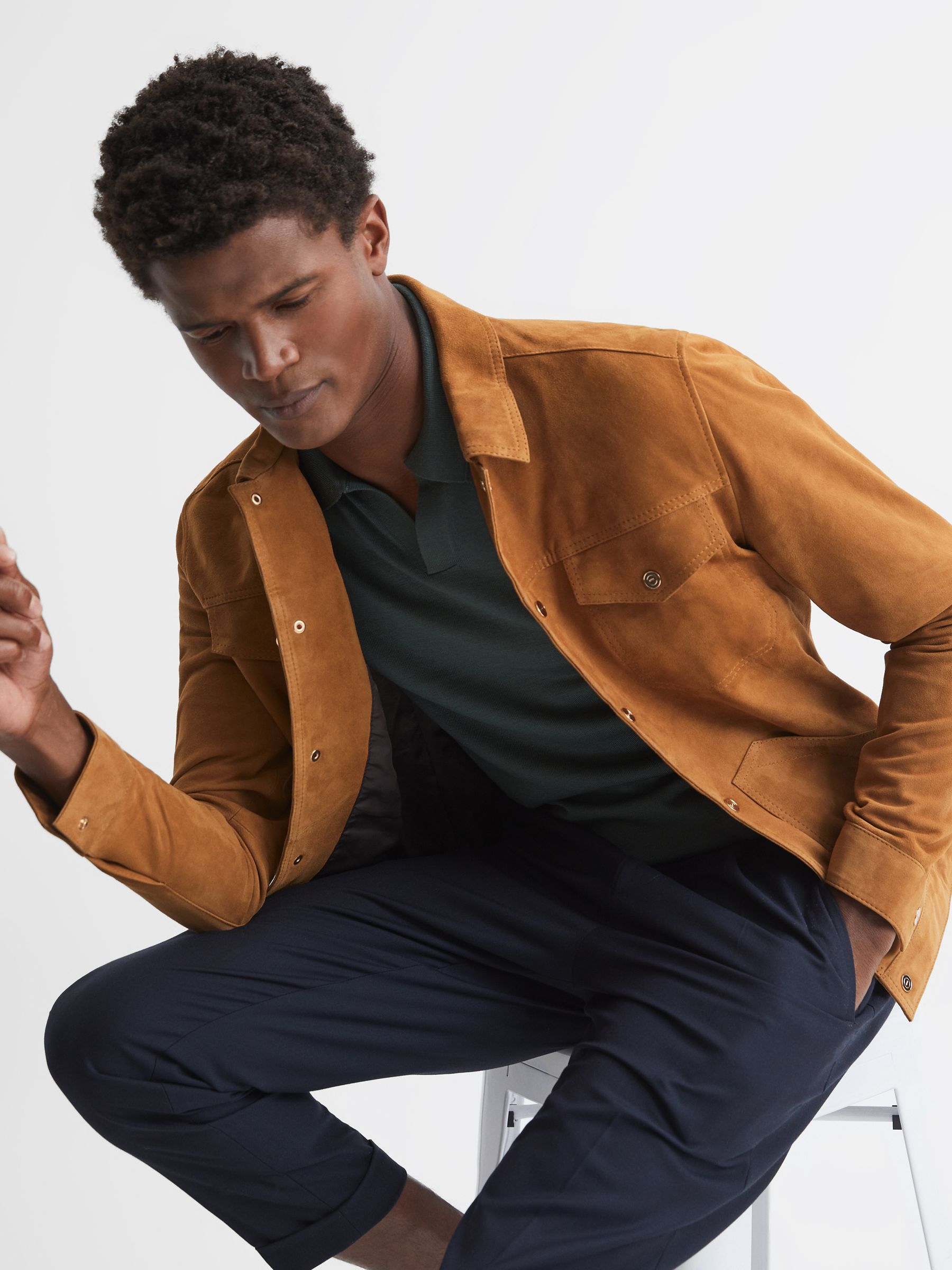 Press Stud Suede Trucker Jacket in Caramel - Image 6 of 7