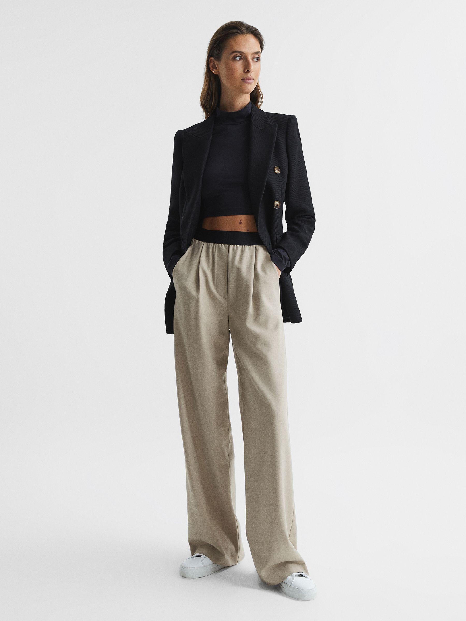Wide Leg Elasticated Waist Trousers in Stone - Image 3 of 7
