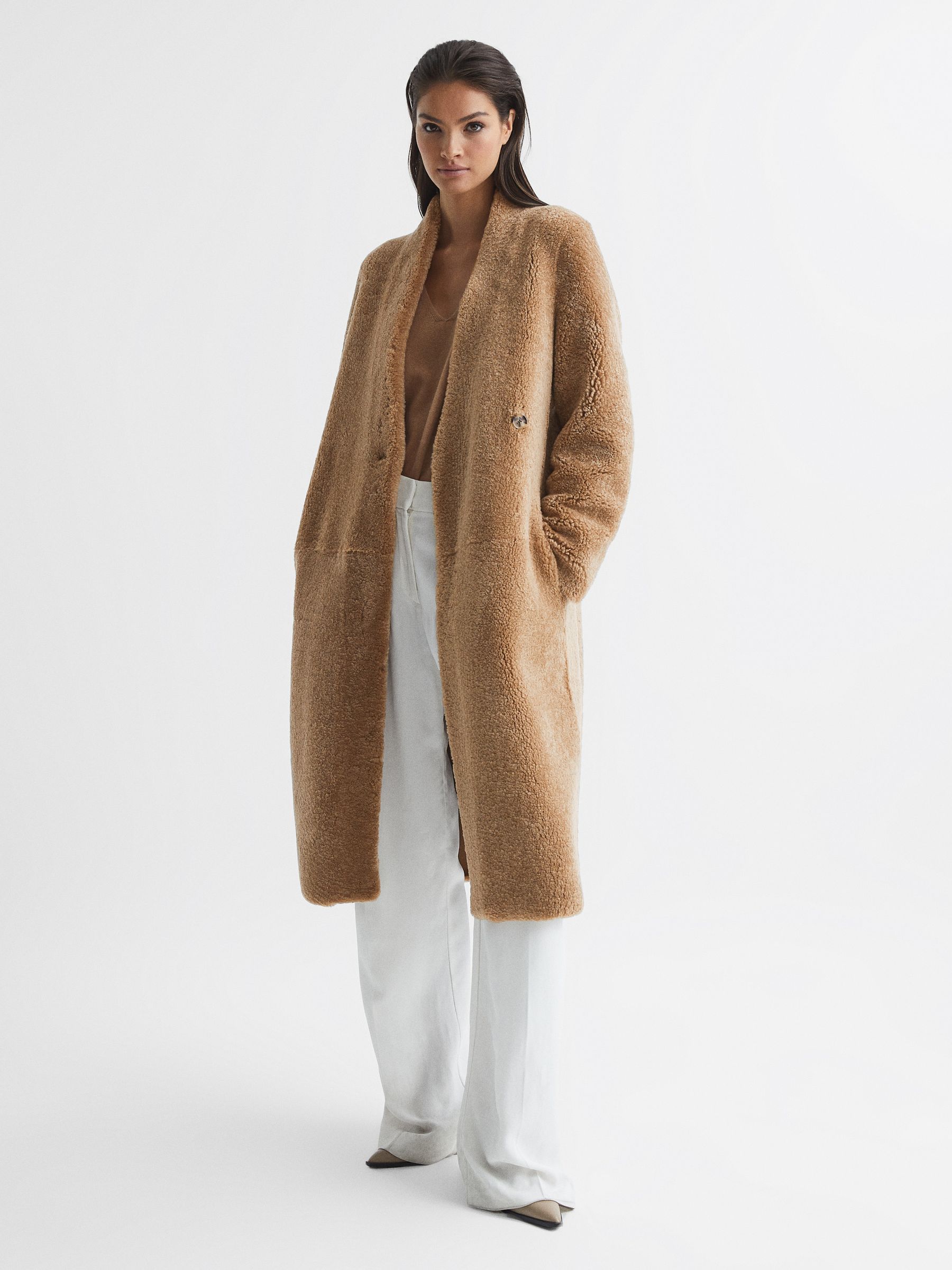 Reversible Long Shearling Coat in Tan - Image 1 of 9
