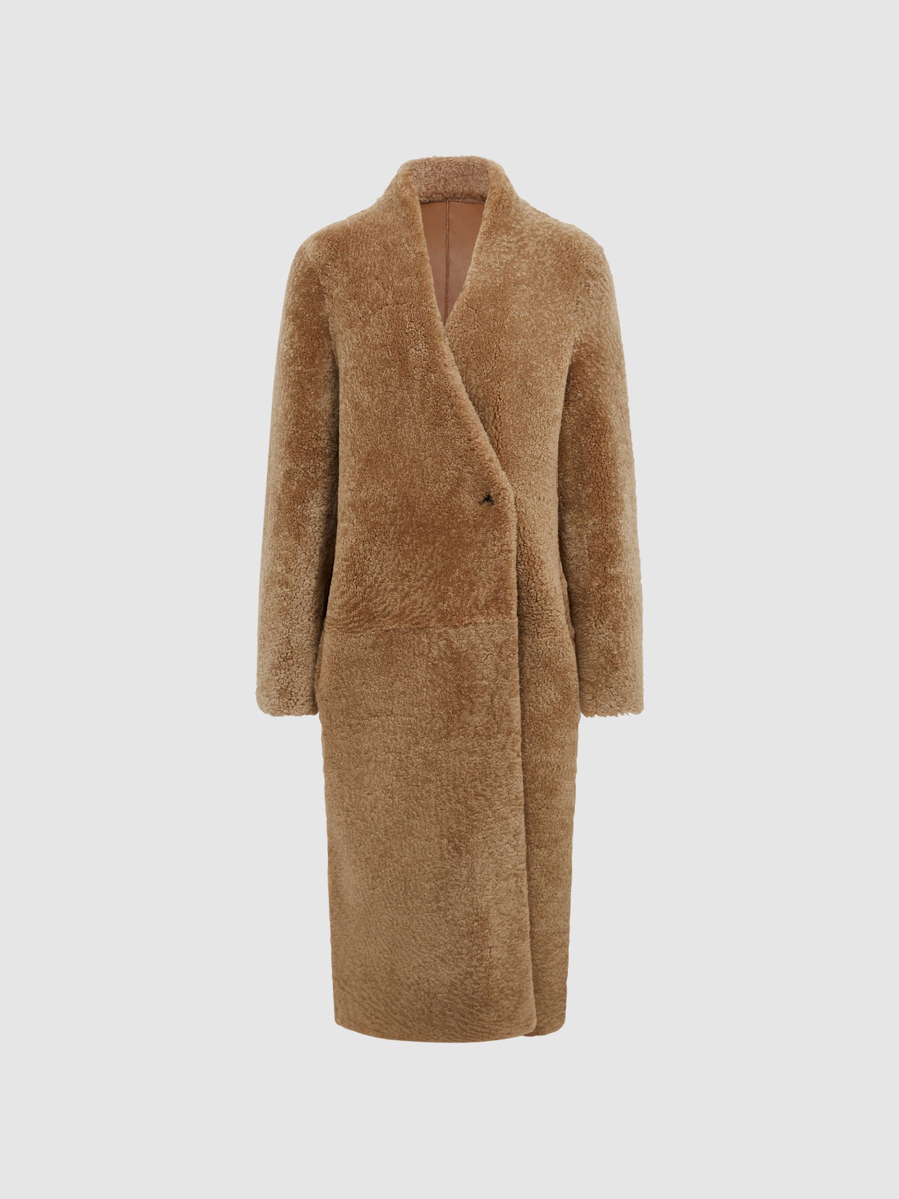 Reversible Long Shearling Coat in Tan - Image 2 of 9