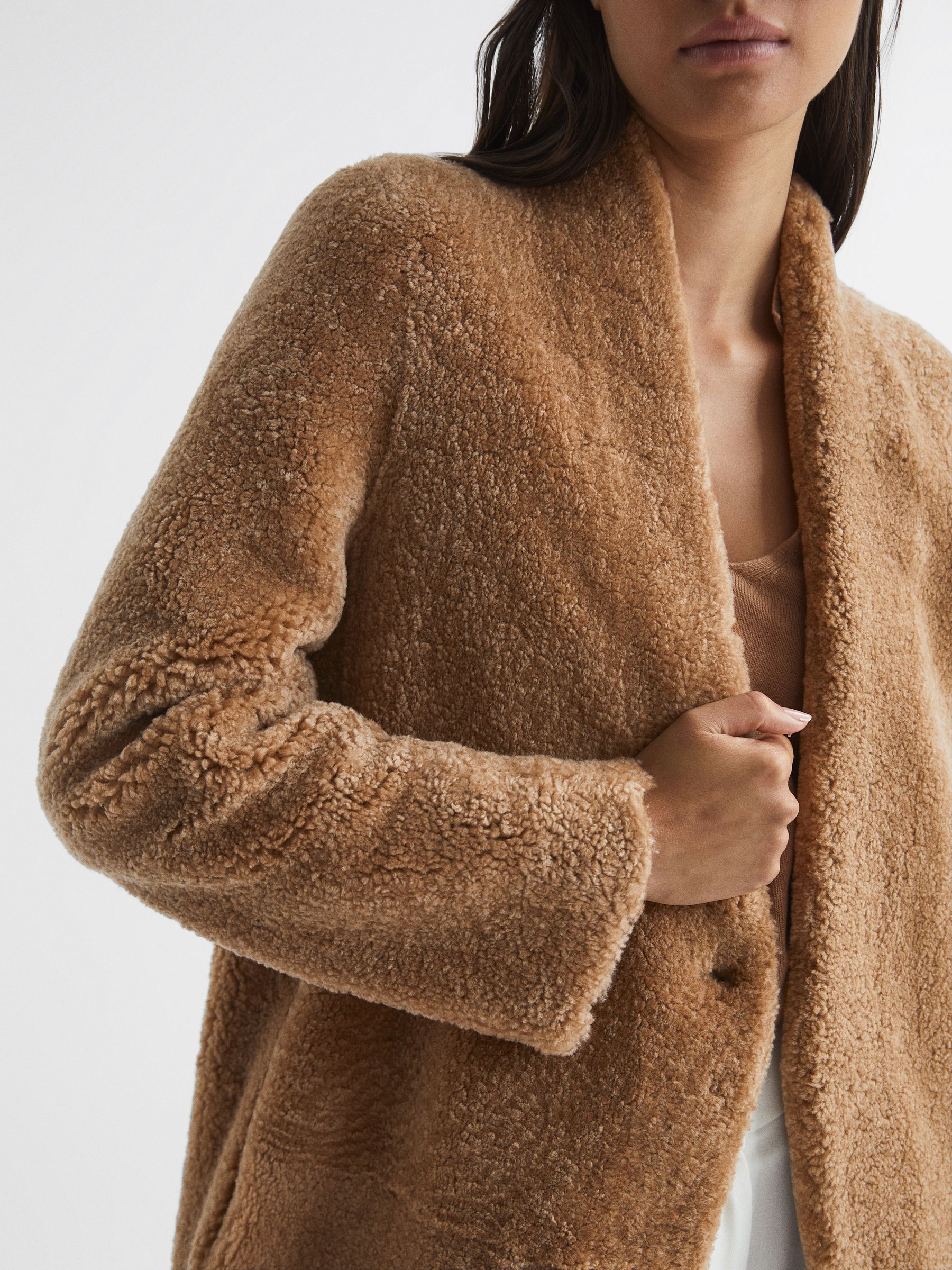 Reversible Long Shearling Coat in Tan - Image 4 of 9