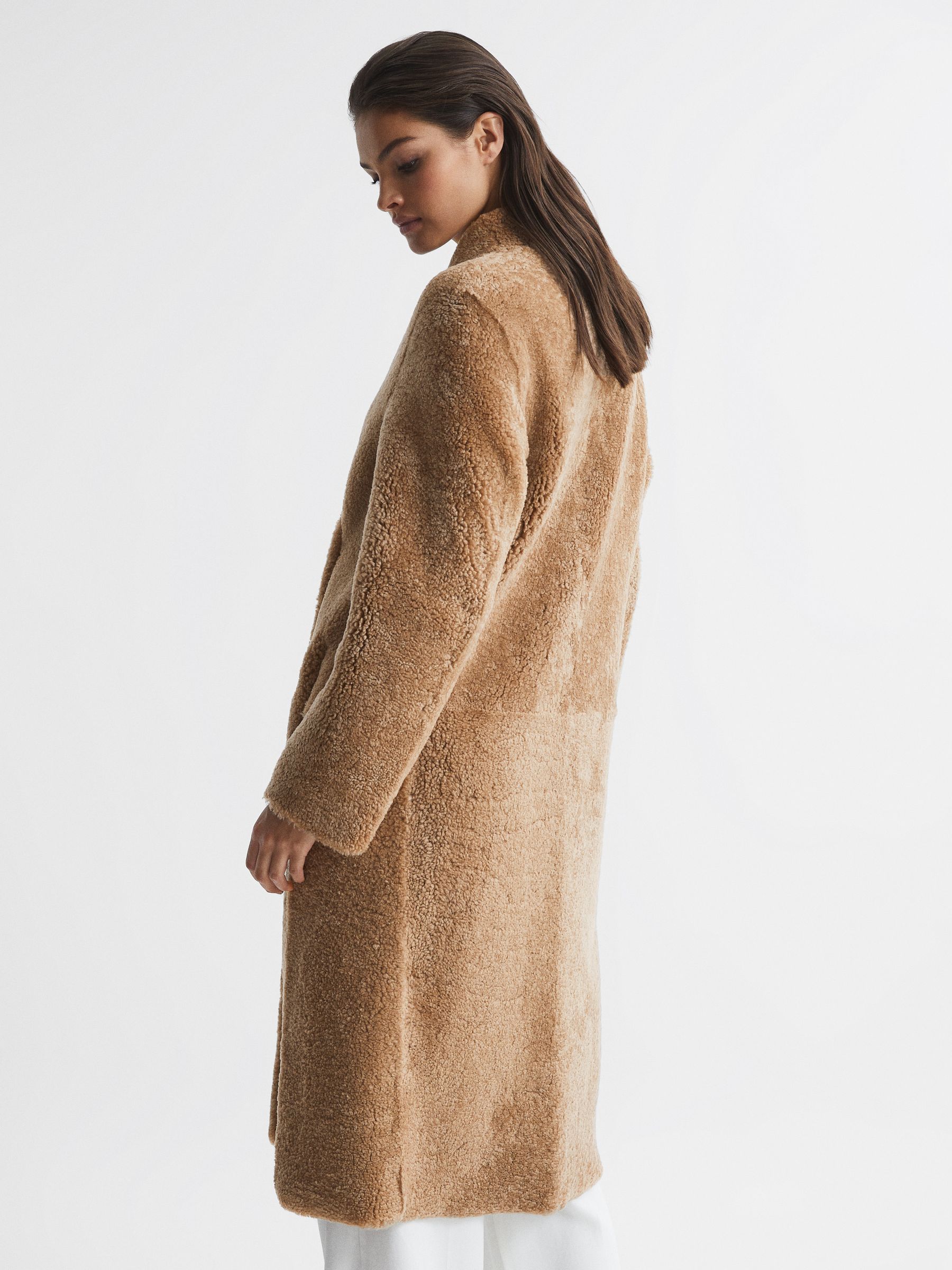 Reversible Long Shearling Coat in Tan - Image 5 of 9