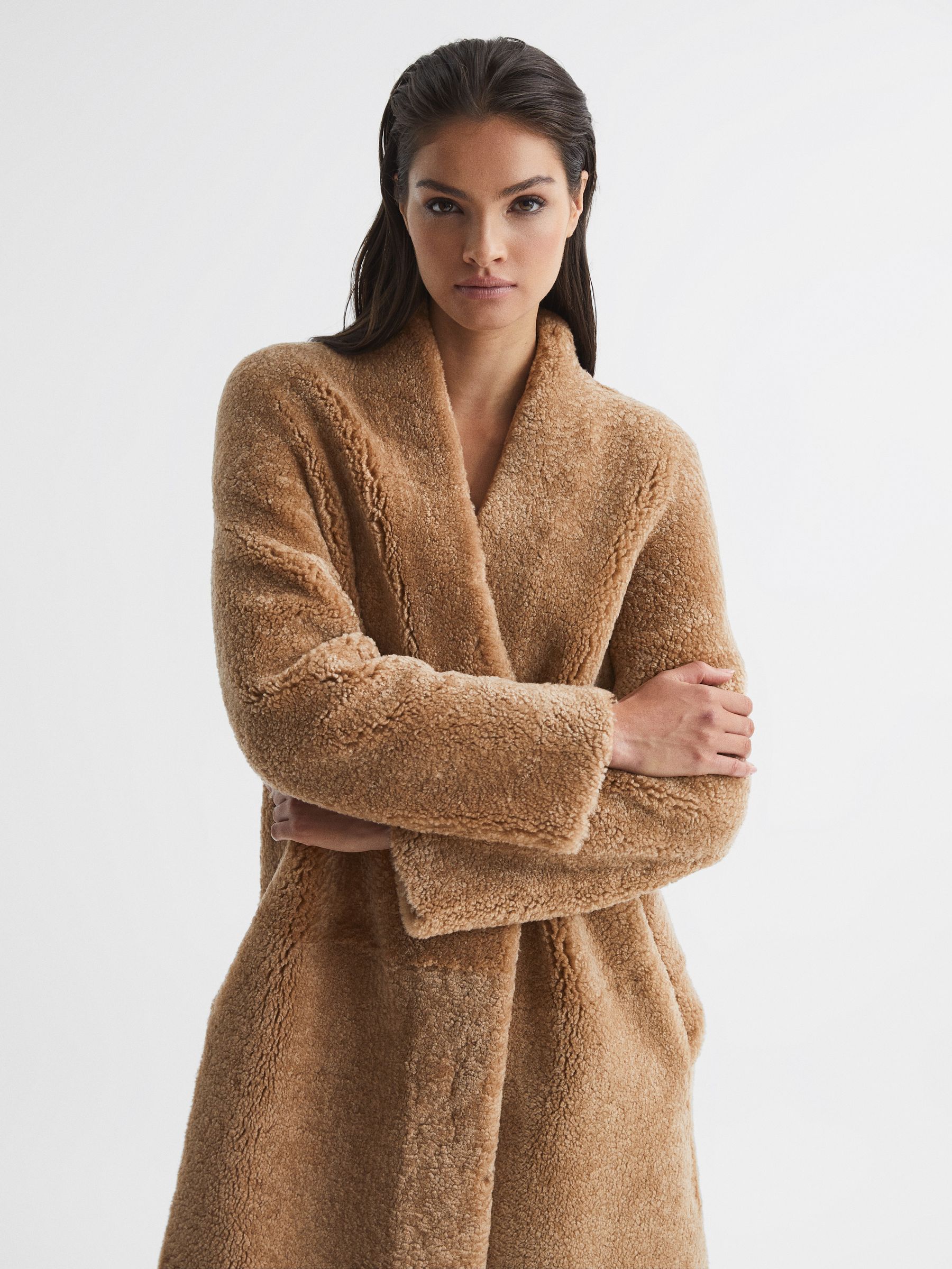 Reversible Long Shearling Coat in Tan - Image 7 of 9