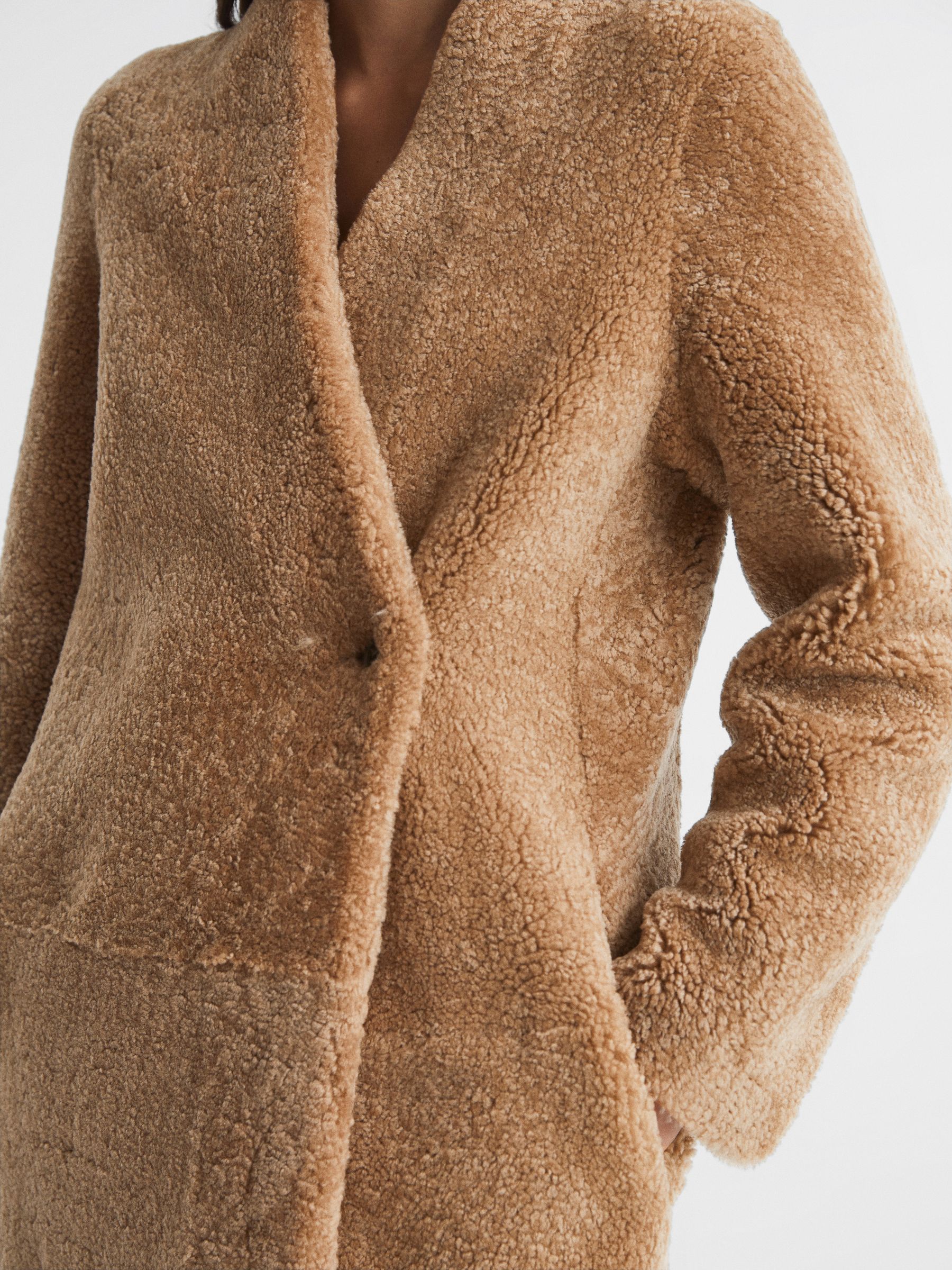 Reversible Long Shearling Coat in Tan - Image 8 of 9