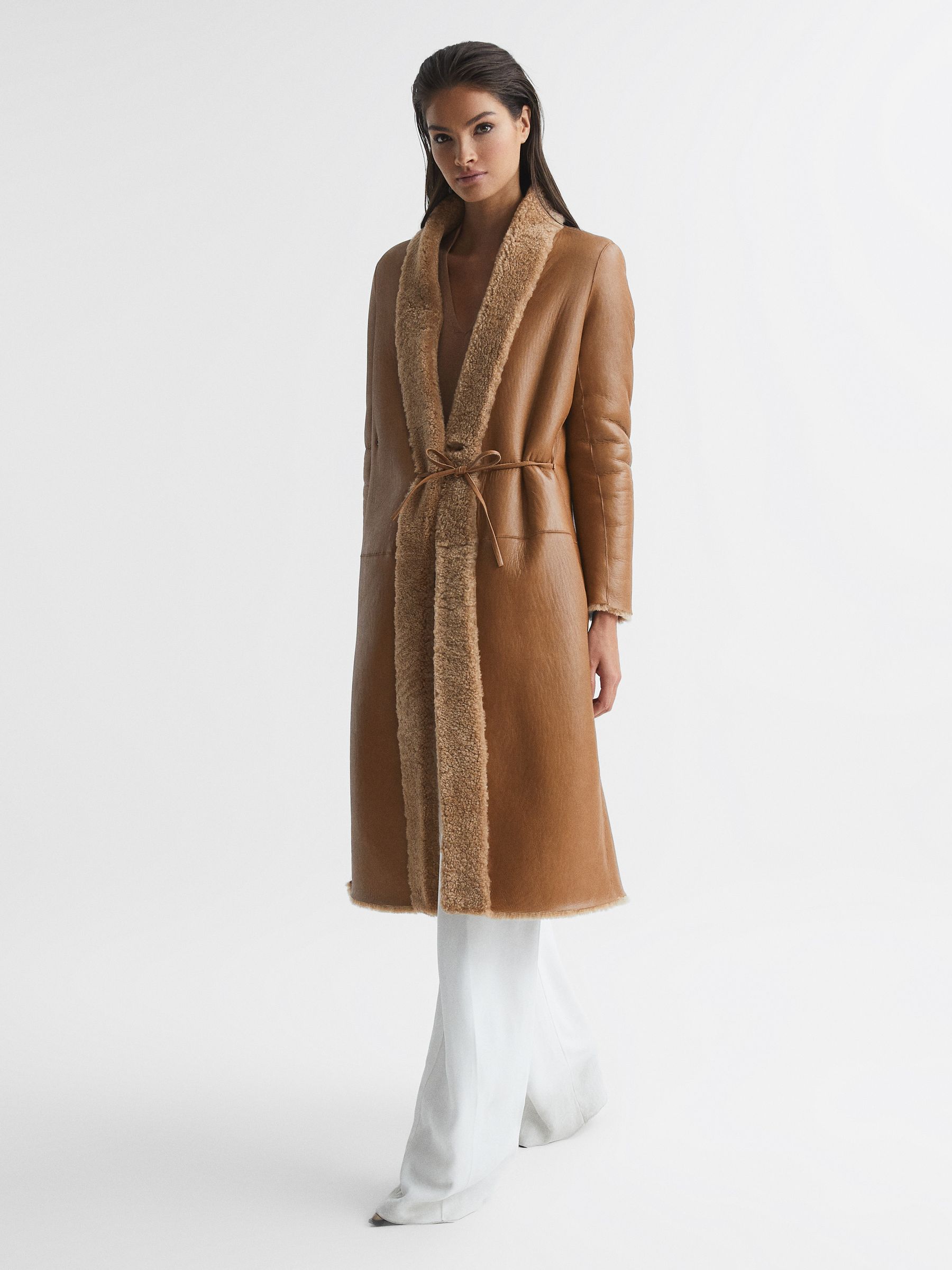 Reversible Long Shearling Coat in Tan - Image 9 of 9