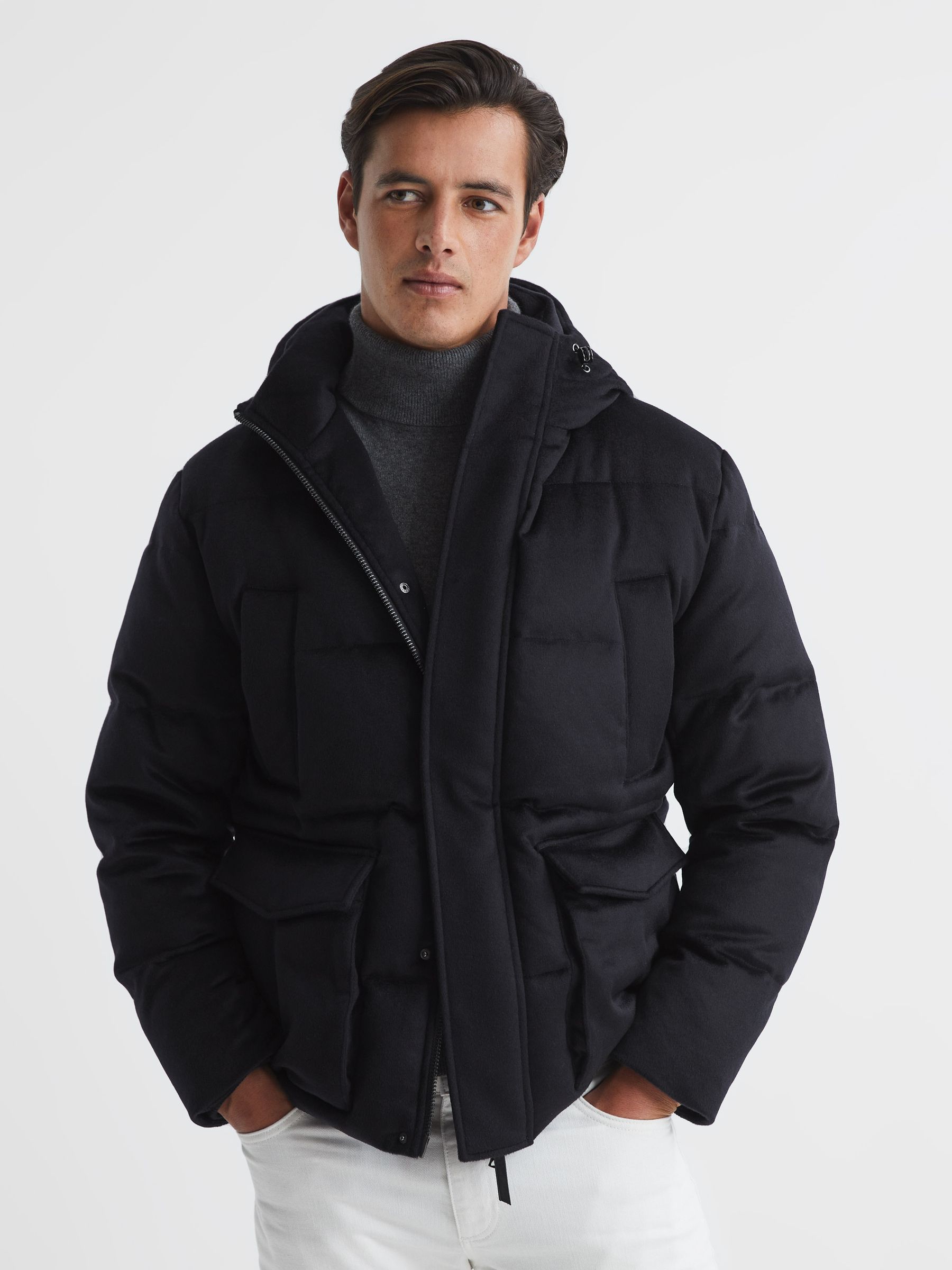 Cashmere Down Filled Puffer Jacket in Navy - Image 1 of 8