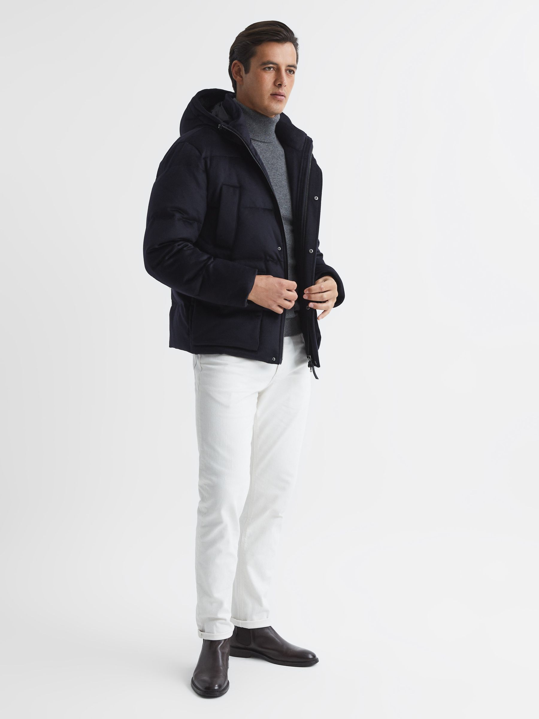 Cashmere Down Filled Puffer Jacket in Navy - Image 3 of 8