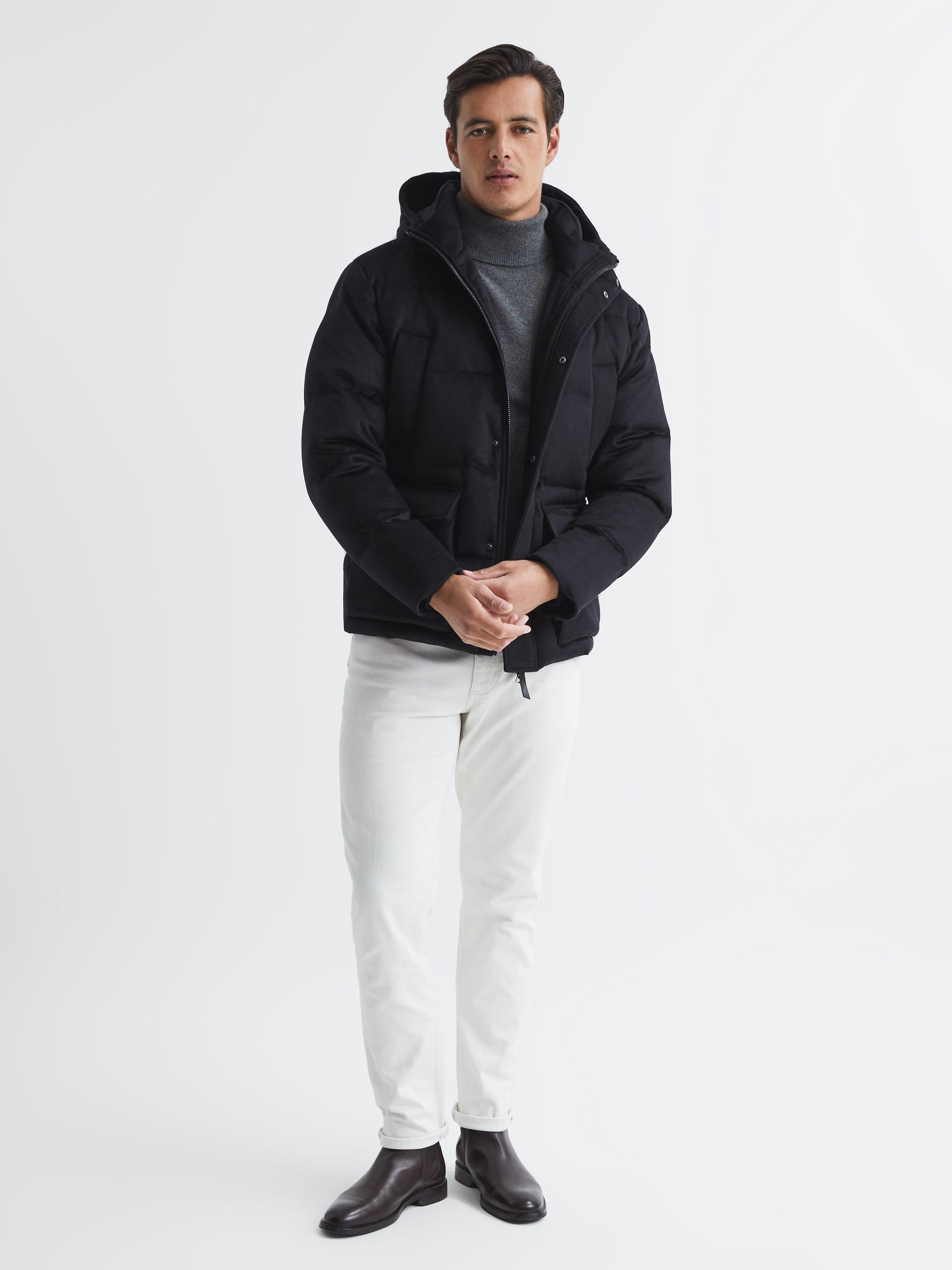 Cashmere Down Filled Puffer Jacket in Navy - Image 6 of 8