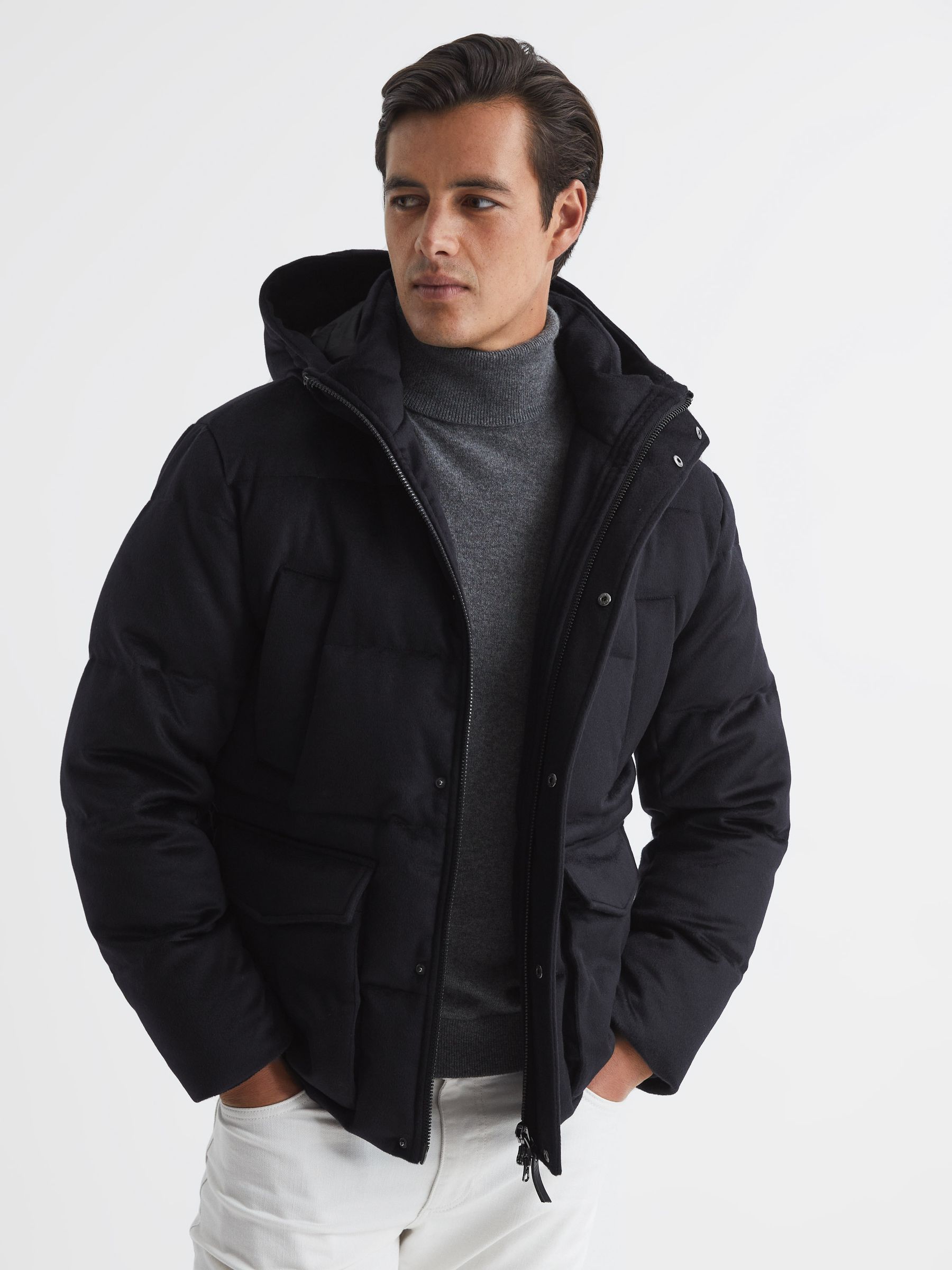 Cashmere Down Filled Puffer Jacket in Navy - Image 7 of 8